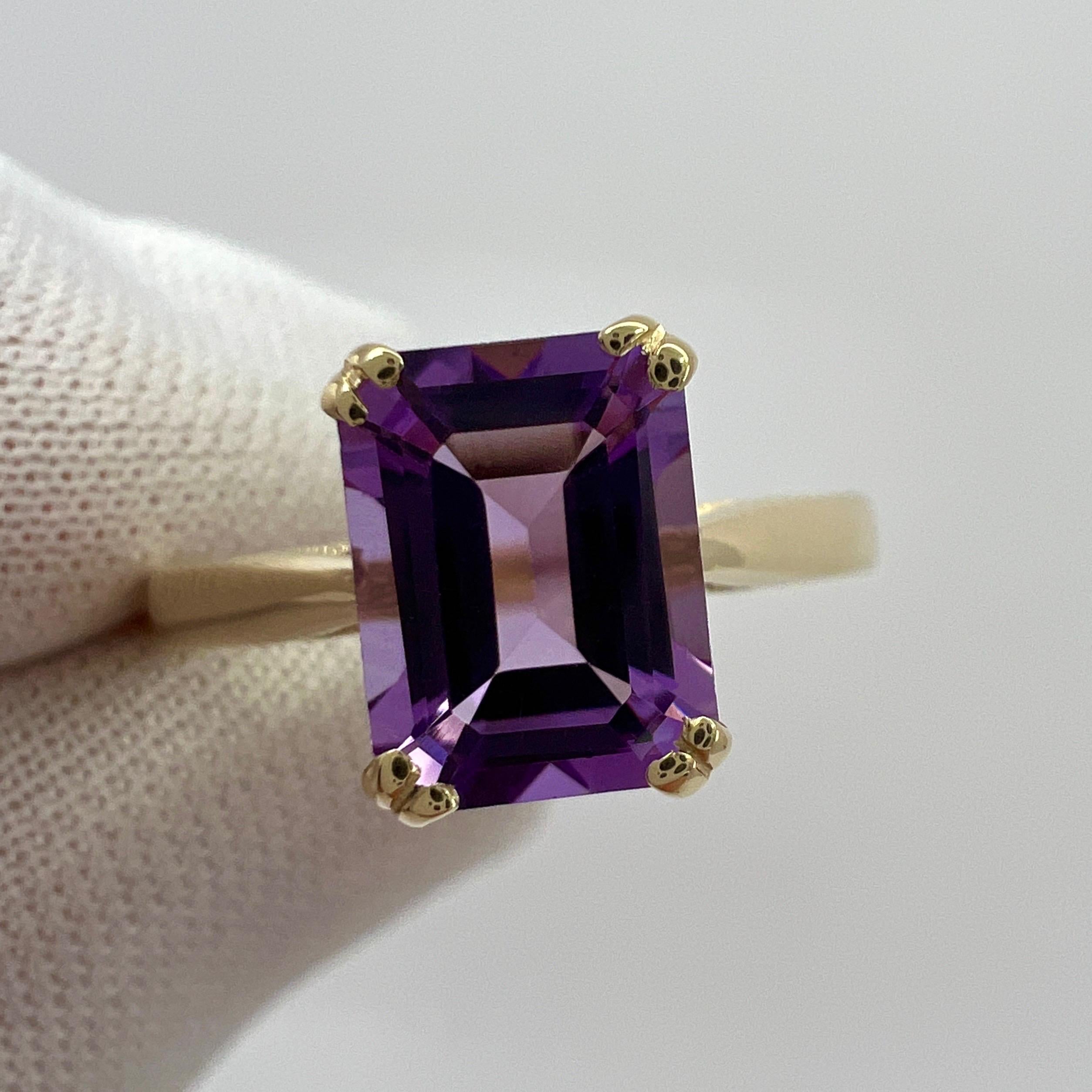 Emerald Cut 1.60ct Vivid Purple Amethyst Emerald Octagonal Cut 9k Yellow Gold Solitaire Ring For Sale