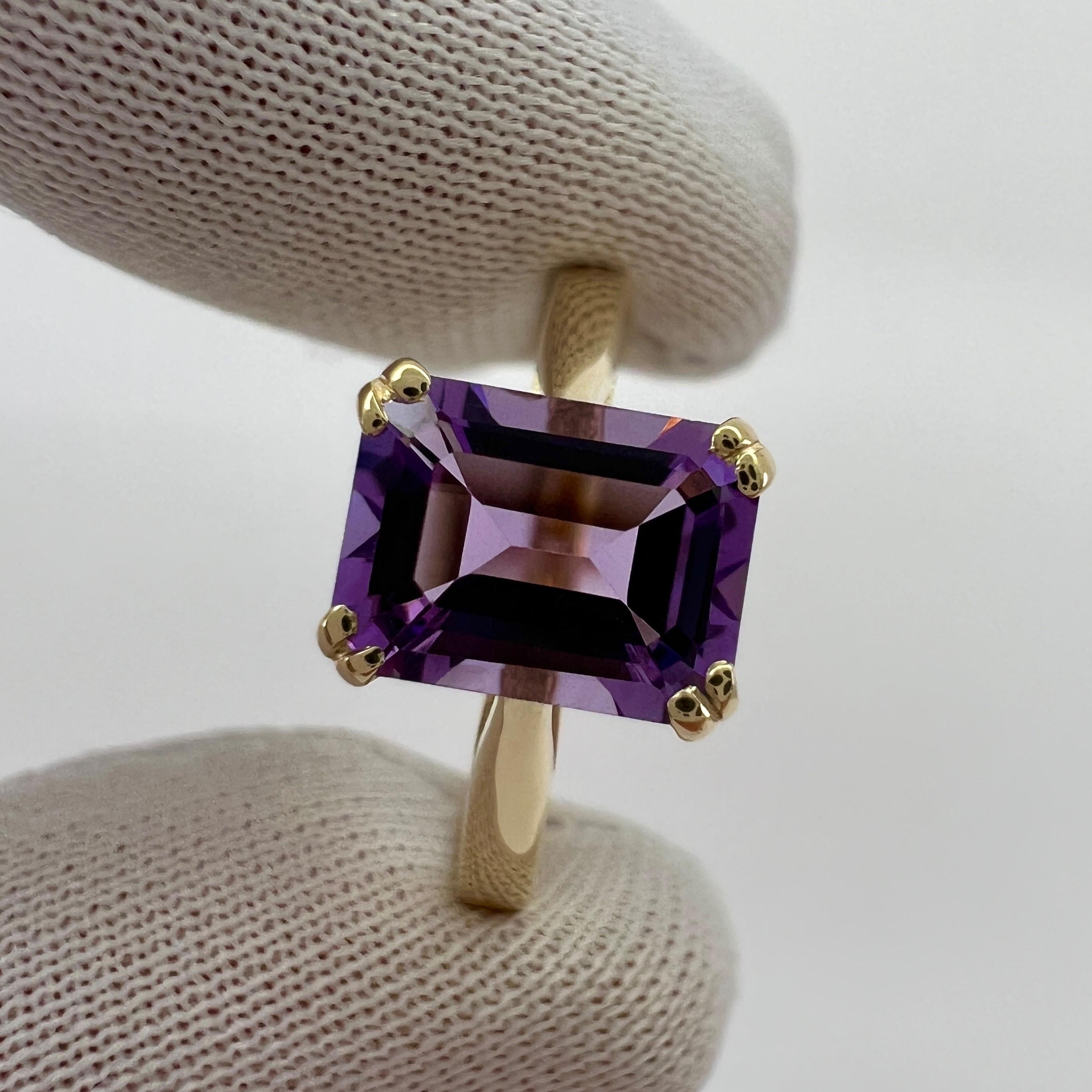 1.60ct Vivid Purple Amethyst Emerald Octagonal Cut 9k Yellow Gold Solitaire Ring In New Condition For Sale In Birmingham, GB