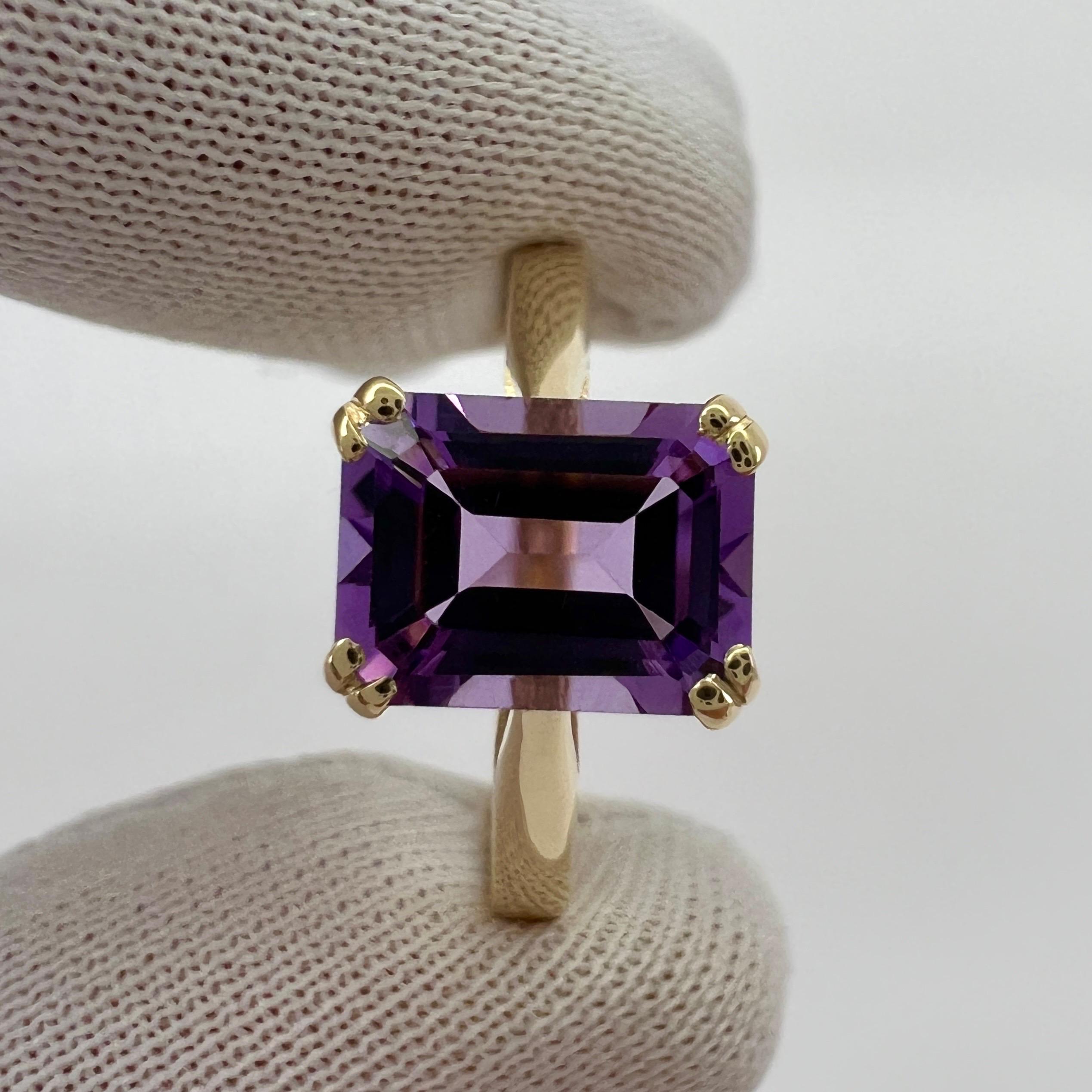 1.60ct Vivid Purple Amethyst Emerald Octagonal Cut 9k Yellow Gold Solitaire Ring For Sale 1