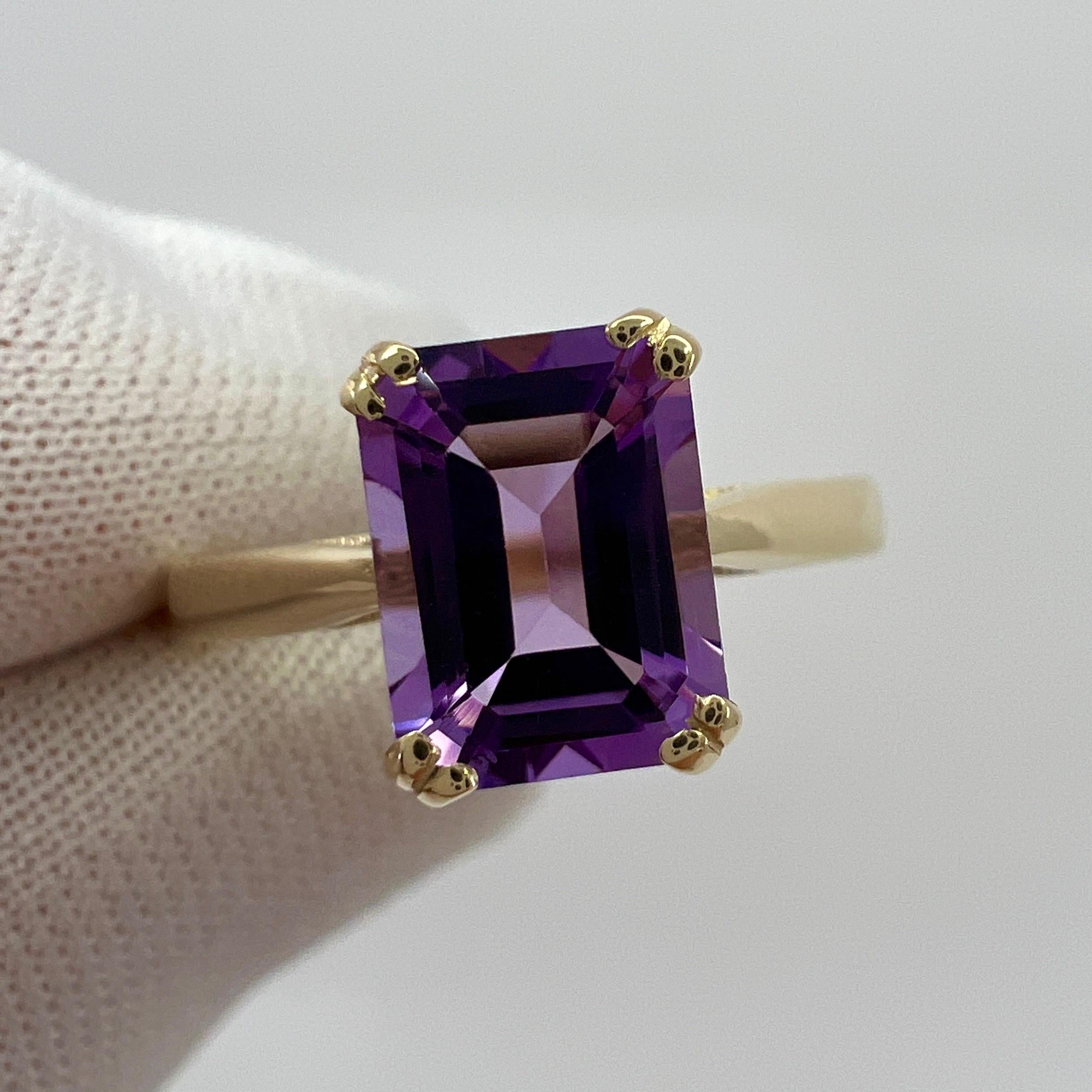 1.60ct Vivid Purple Amethyst Emerald Octagonal Cut 9k Yellow Gold Solitaire Ring For Sale 3