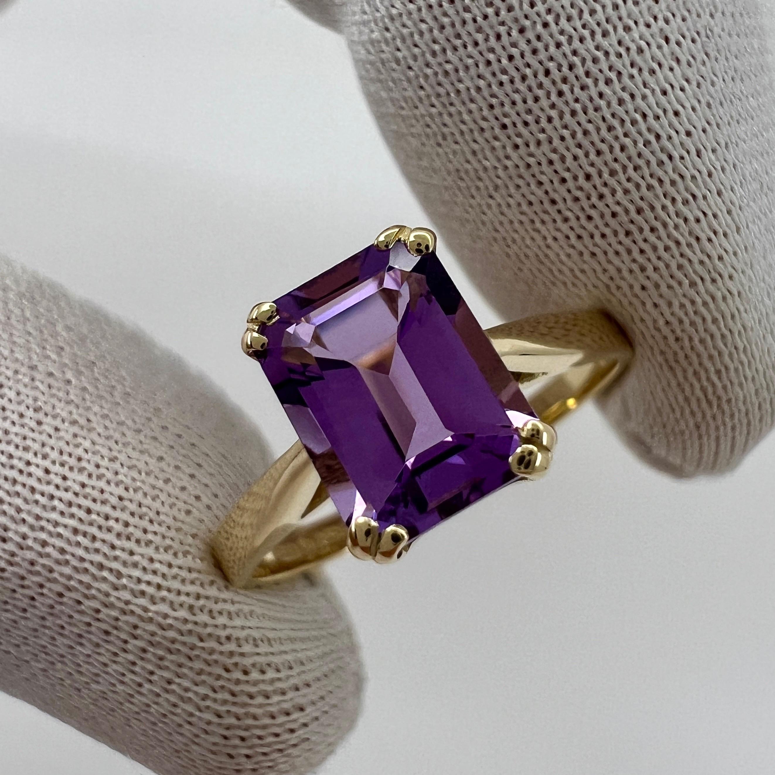 1.60ct Vivid Purple Amethyst Emerald Octagonal Cut 9k Yellow Gold Solitaire Ring For Sale 4