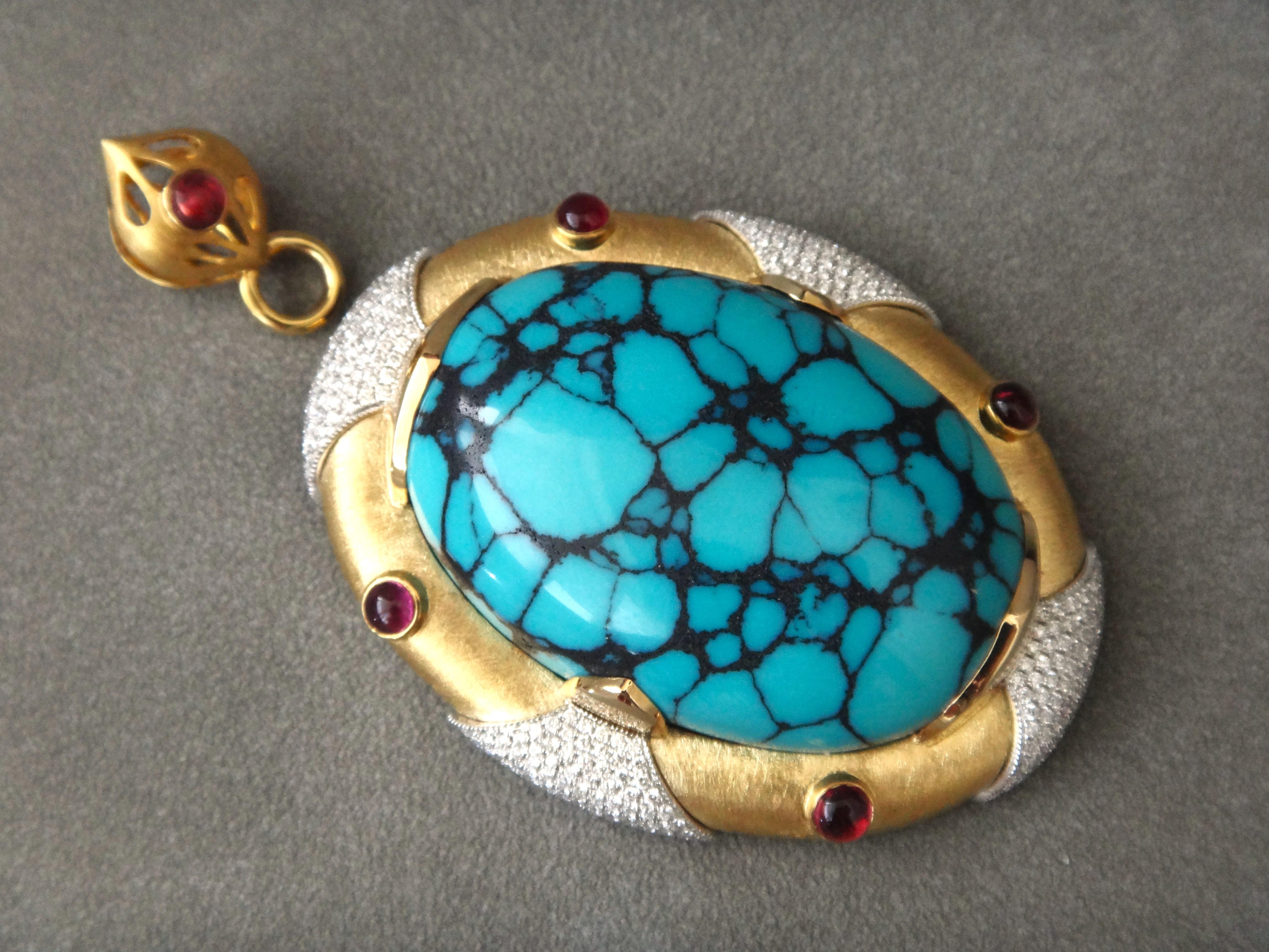 Artist 160CTS Top Grade YunGai Turquoise 18 Karat Gold Pandent Necklace, Diamond & Ruby For Sale