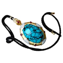 160CTS Top Grade YunGai Turquoise 18 Karat Gold Pandent Necklace, Diamond & Ruby