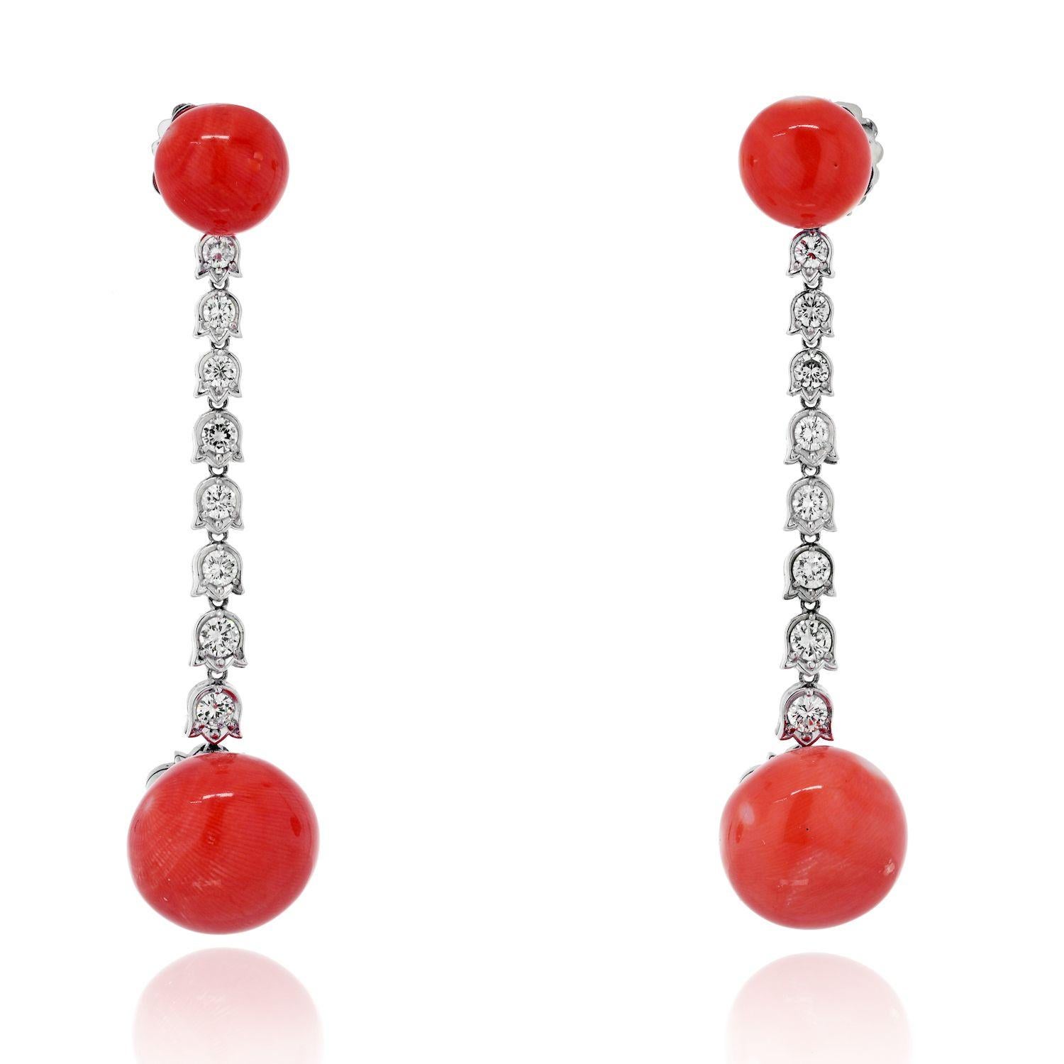 Modern 1.60cttw Diamond And Coral Drop Dangling Estate Platinum Earrings For Sale