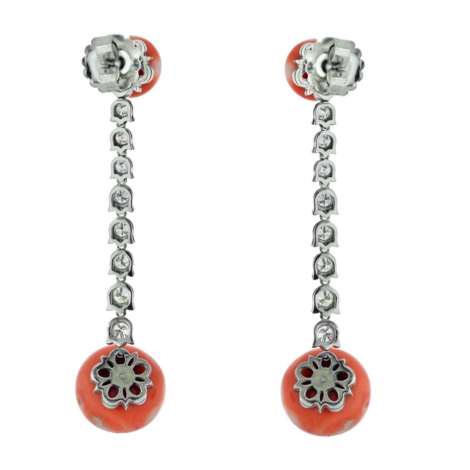 Round Cut 1.60cttw Diamond And Coral Drop Dangling Estate Platinum Earrings For Sale