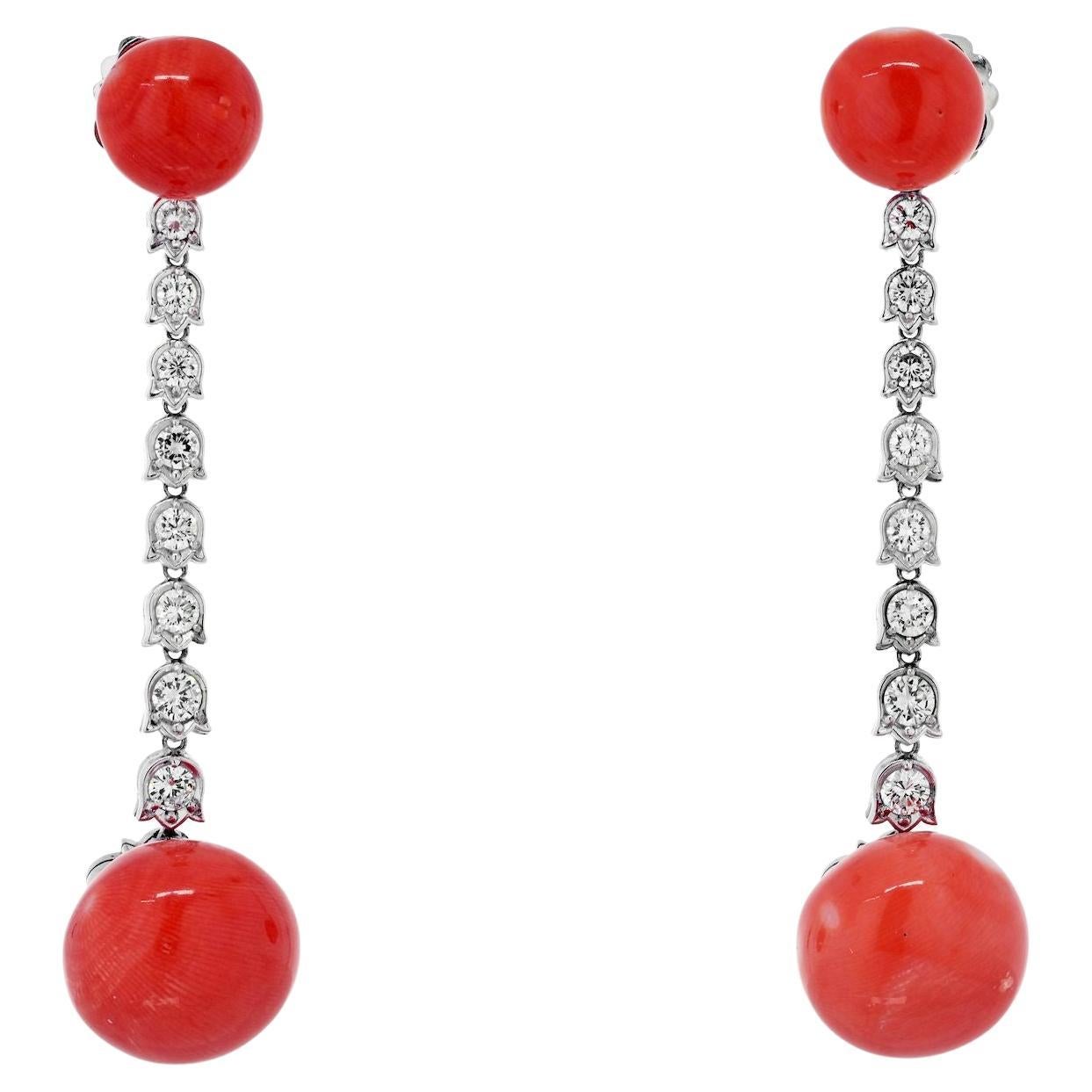 1.60cttw Diamond And Coral Drop Dangling Estate Platinum Earrings For Sale