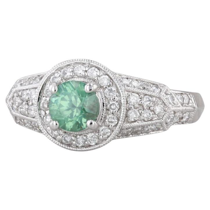 Anello con diamante aureolato con zircone verde da 1,60 ct. in oro bianco 14 carati, misura 8 di fidanzamento