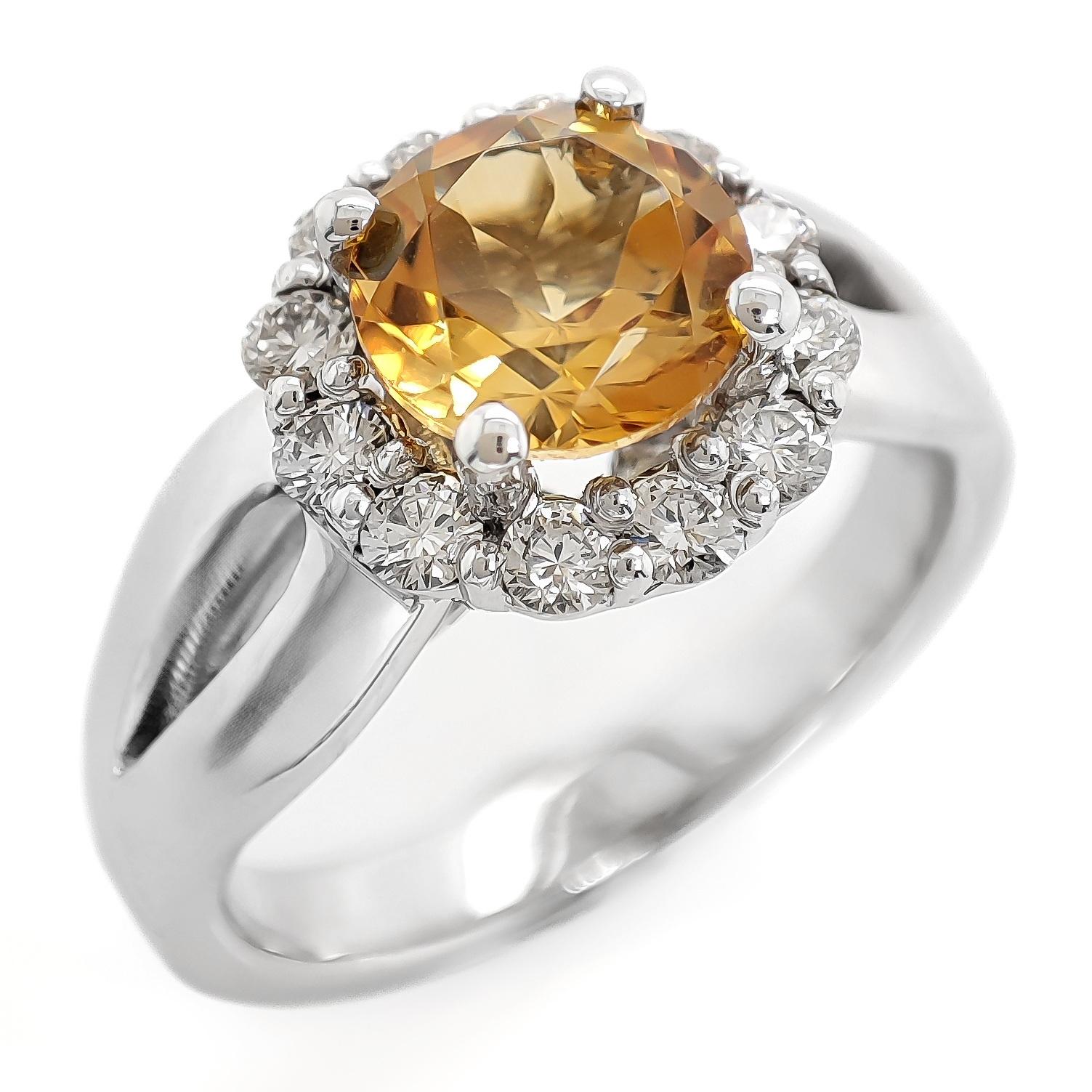Art Deco 1.60CTW Round Quartz and White Diamond Engagement 14K White Gold Ring For Sale