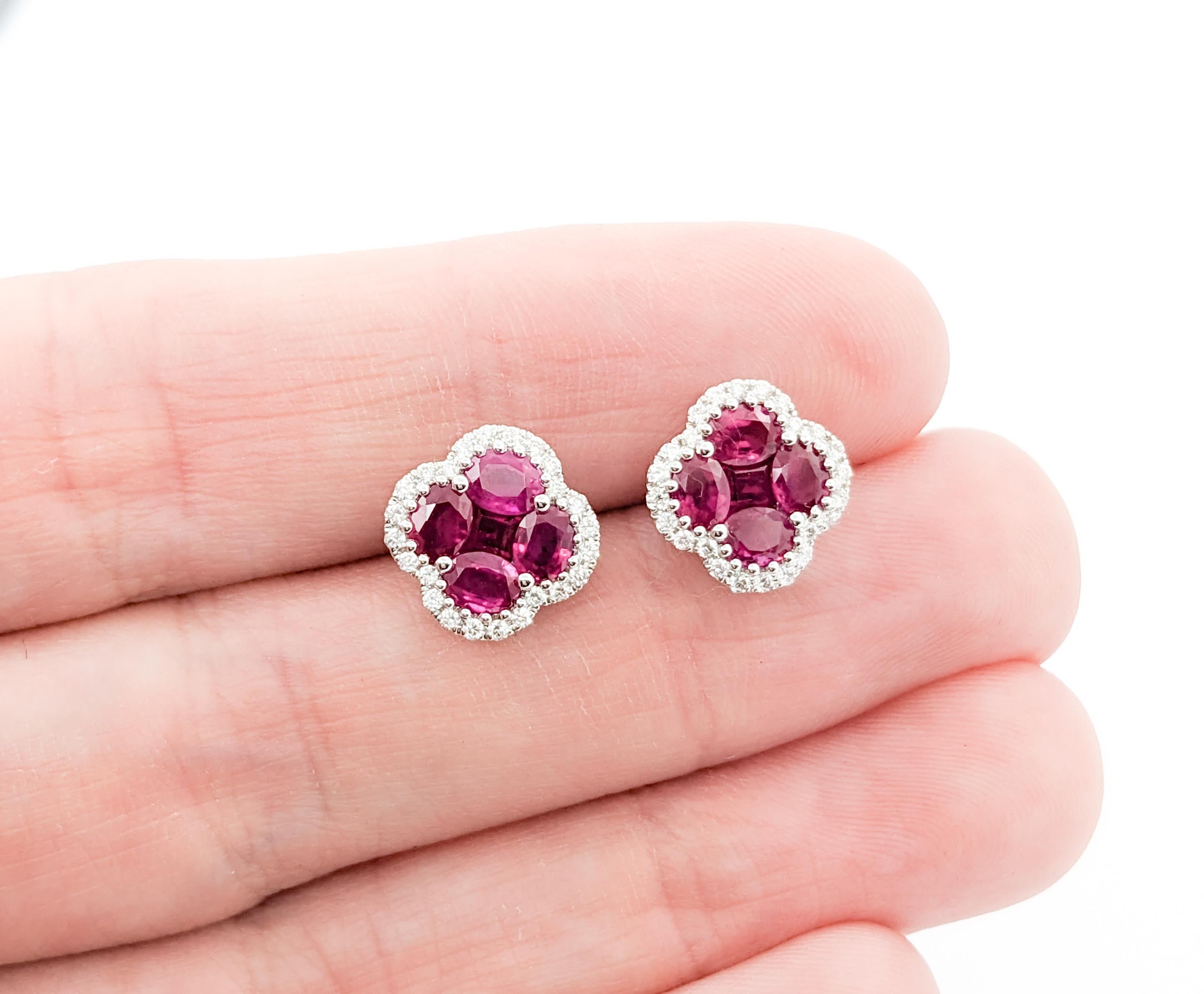 1.60ctw Rubies & Diamond Quatrefoil Stud Earrings In White Gold

Introducing these exquisite gemstone fashion earrings crafted in 14k white gold, featuring .23ctw of diamonds and 1.60ctw of rubies in a stunning quatrefoil stud design. The diamonds