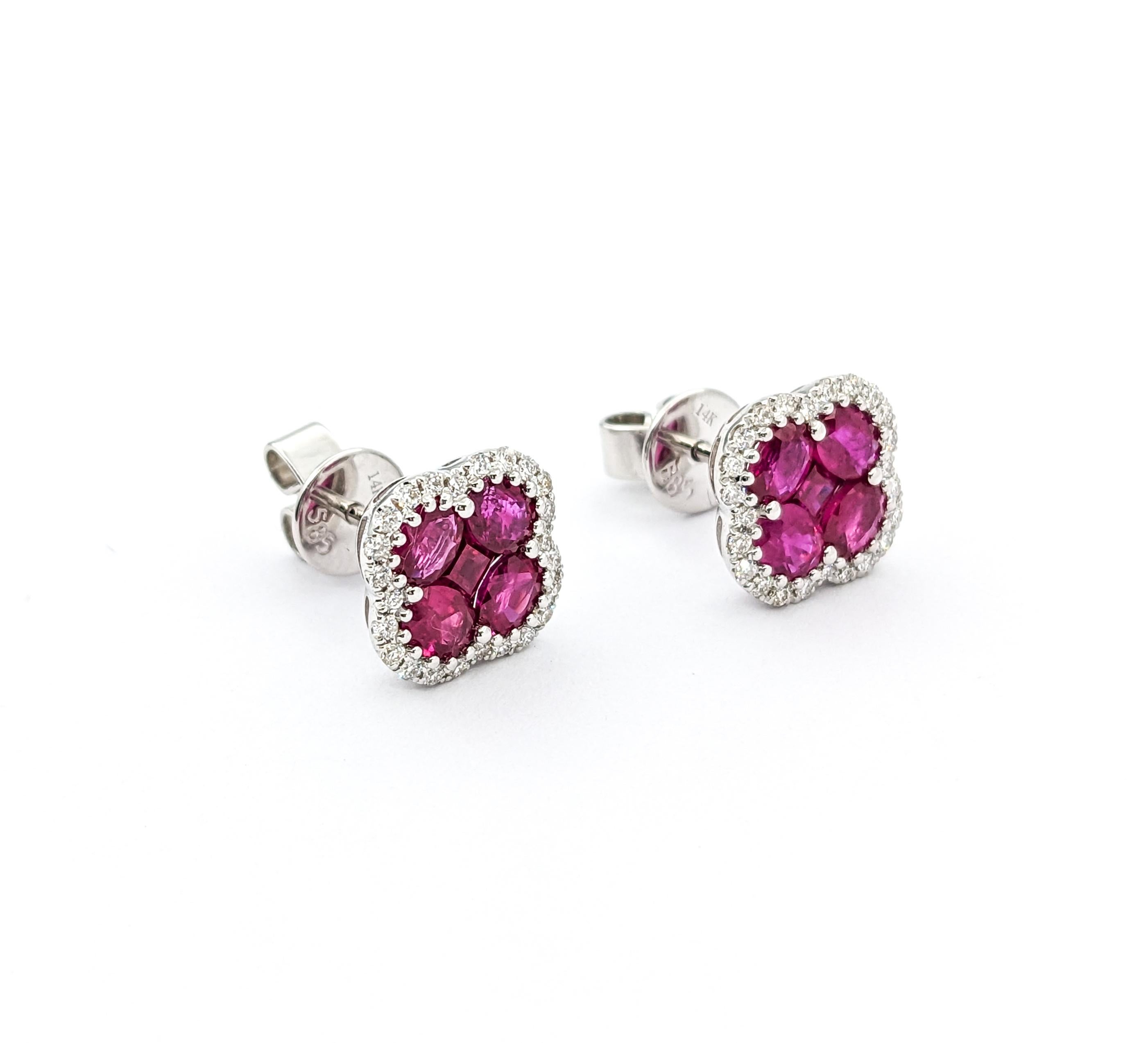 Round Cut 1.60ctw Rubies & Diamond Quatrefoil Stud Earrings In White Gold For Sale