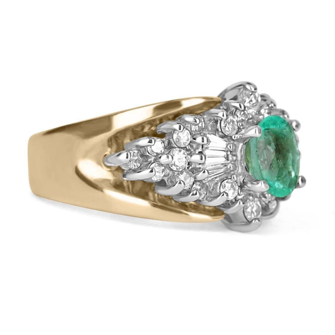 Circa 1980 Elegantly styled with graceful curves, this handmade cocktail ring from our collection is a fabulous verdant treasure. At the center, a .82 carat oval Colombian emerald catches the eye with its electric-rich green hue, beautifully