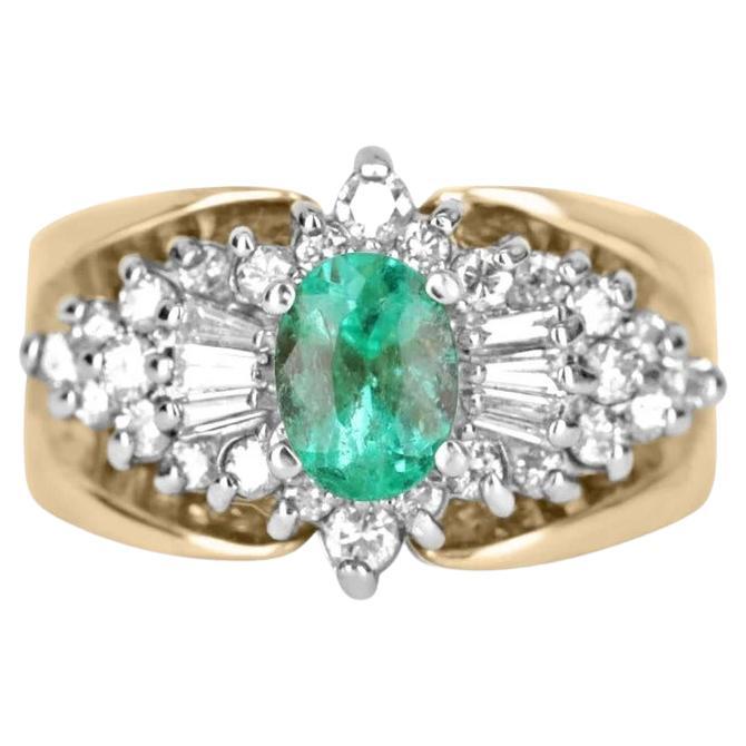 1.60tcw Vintage Colombian Emerald-Oval Cut & Diamond Cluster Statement Ring 14K For Sale