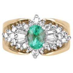 1.60tcw Vintage Colombian Emerald-Oval Cut & Diamond Cluster Statement Ring 14K