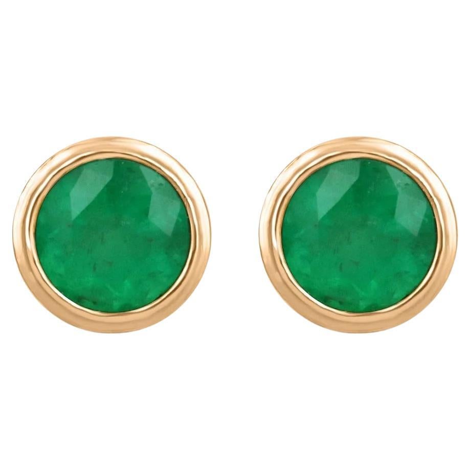1.60tcw 14K Colombian Emerald Round Cut Bezel Set Rose Gold Stud Earrings For Sale