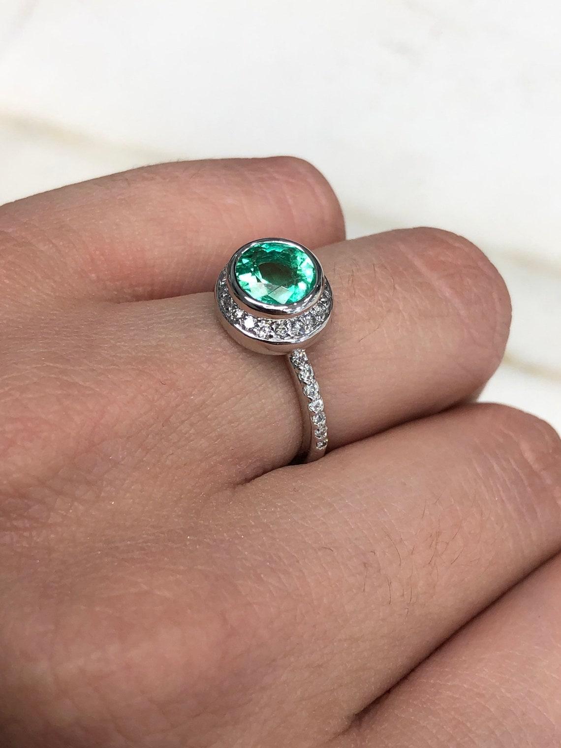 1.60tcw 14K Colombian Emerald-Round Cut & Diamond Halo Engagement Ring For Sale 1