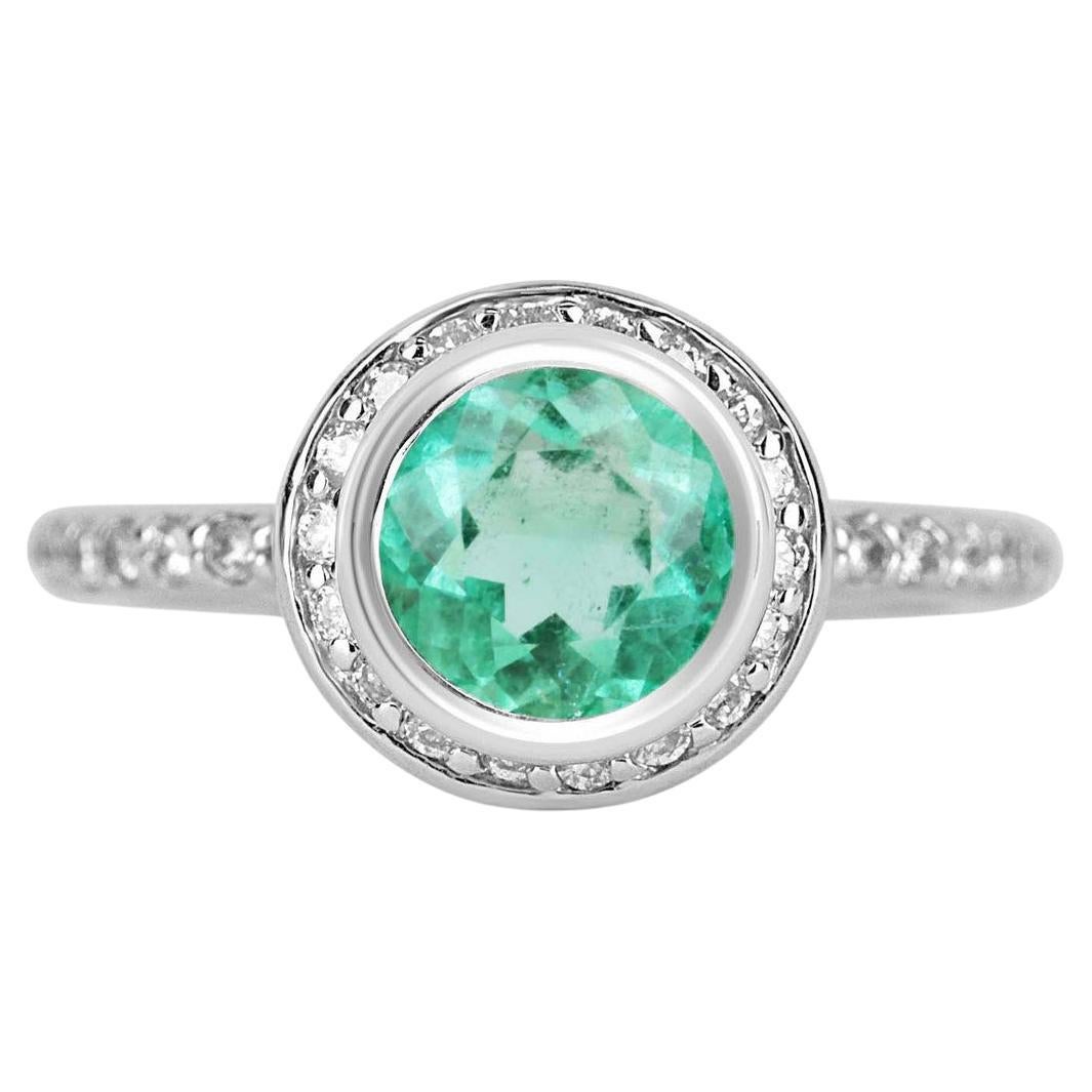 1.60tcw 14K Colombian Emerald-Round Cut & Diamond Halo Engagement Ring For Sale