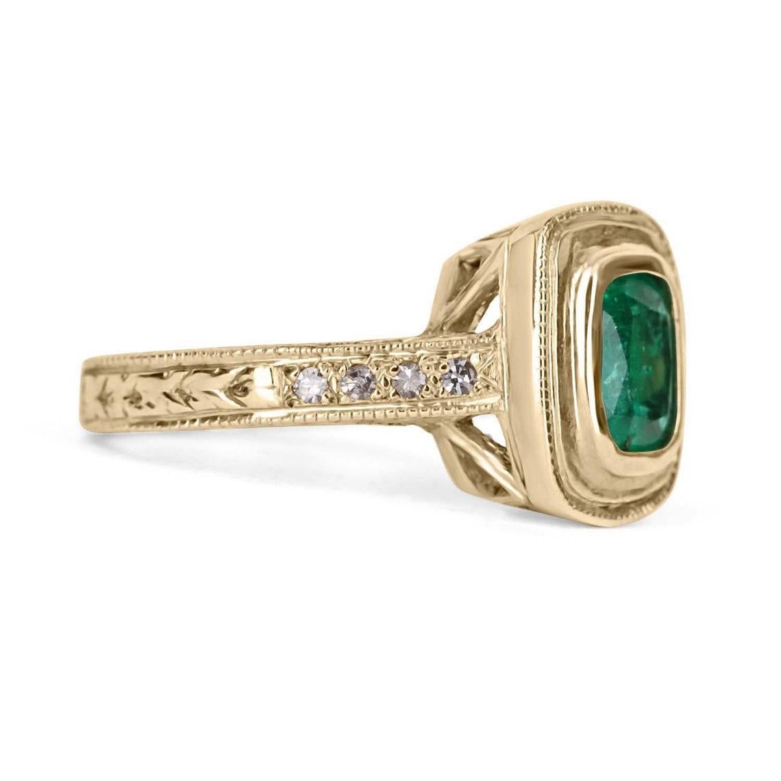 This is an exquisite, dark green Zambian natural cushion emerald and diamond ring. Set in luxurious in solid 14k yellow gold, the approx 1.60-carat rich green emerald is bezel set. Skillfully handcrafted, the center gemstone sits in a gorgeous