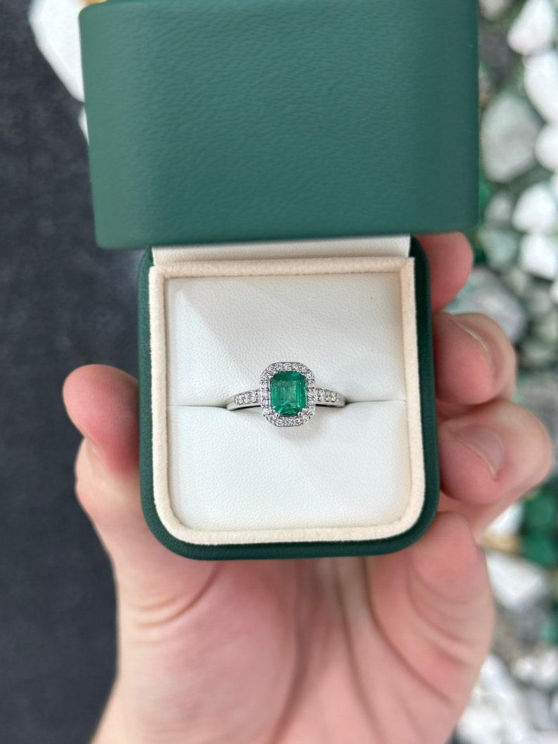 Modern 1.60tcw 14K High Quality Emerald Cut Emerald & Diamond Halo Engagement Ring For Sale