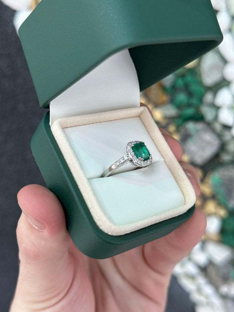 1.60tcw 14K High Quality Emerald Cut Emerald & Diamond Halo Engagement Ring In New Condition For Sale In Jupiter, FL