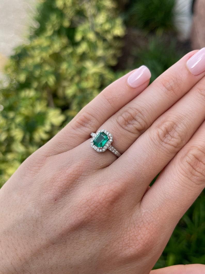 1.60tcw 14K High Quality Emerald Cut Emerald & Diamond Halo Engagement Ring For Sale 2