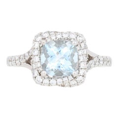 1.61 Carat Aquamarine and Diamond Ring, 14 Karat White Gold Engagement Halo