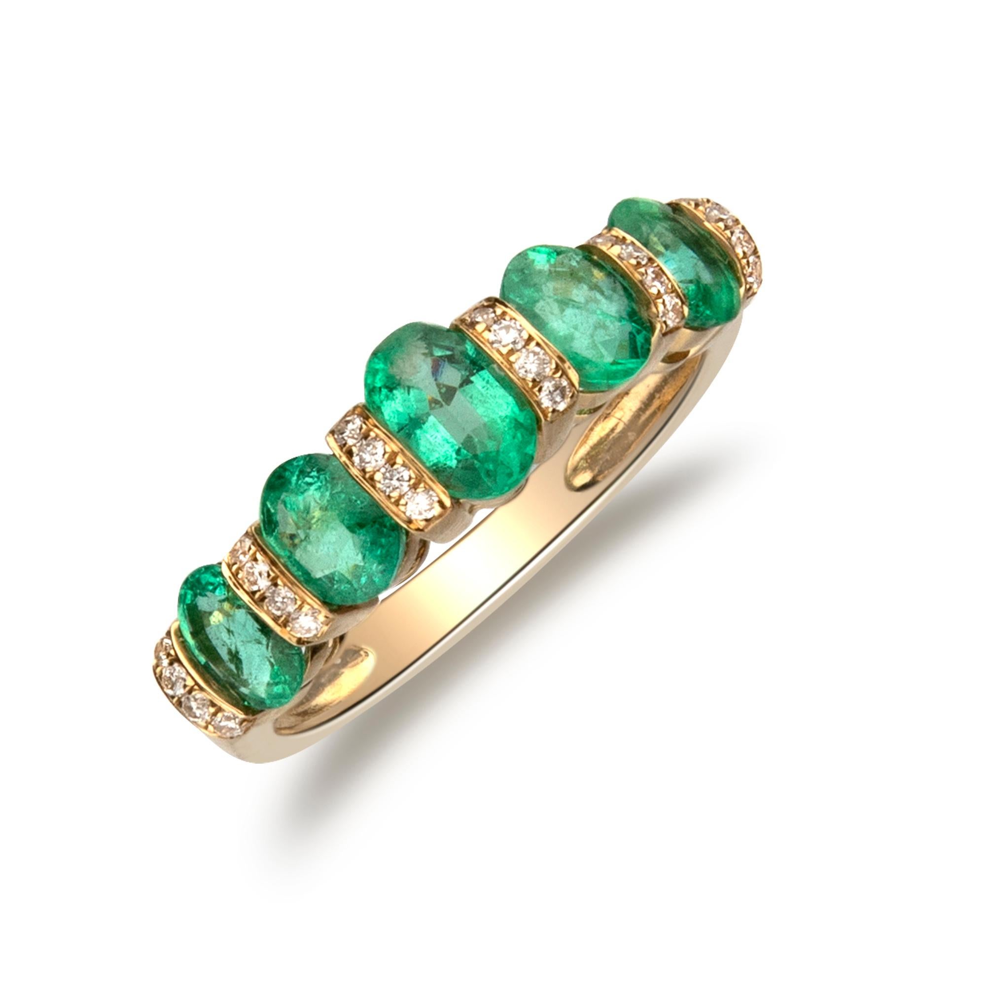 This unique designer band by Gin and Grace is crafted in 14-karat Yellow gold and features an oval cut 0.42 Carat emerald and 4 oval cut emeralds 1.19 Ct. in a prong-setting. This ring also features 24 Round diamonds 0.12 carat in GH-SI quality.