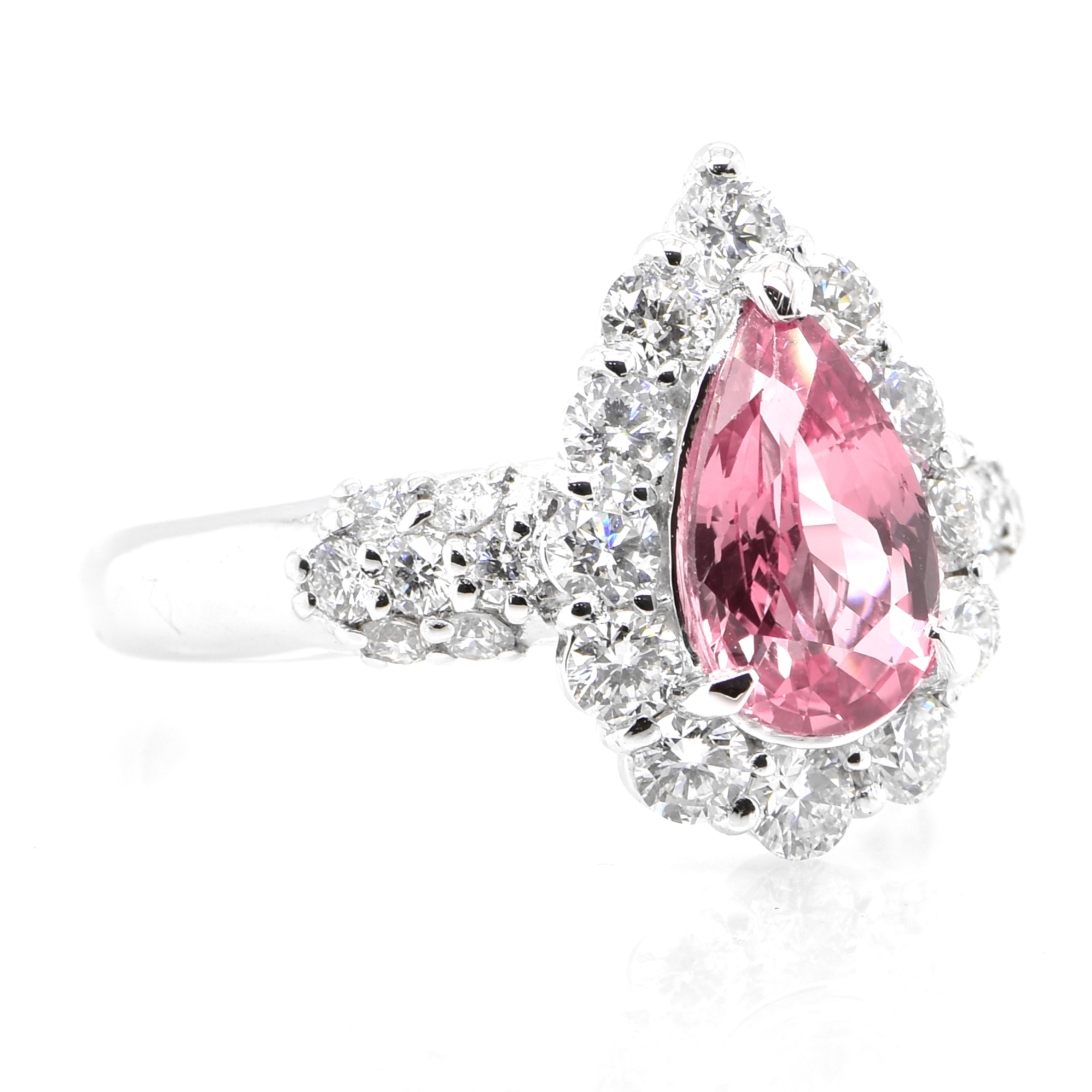Modern 1.61 Carat, Natural, Pear Padparadscha Sapphire and Diamond Ring set in Platinum For Sale