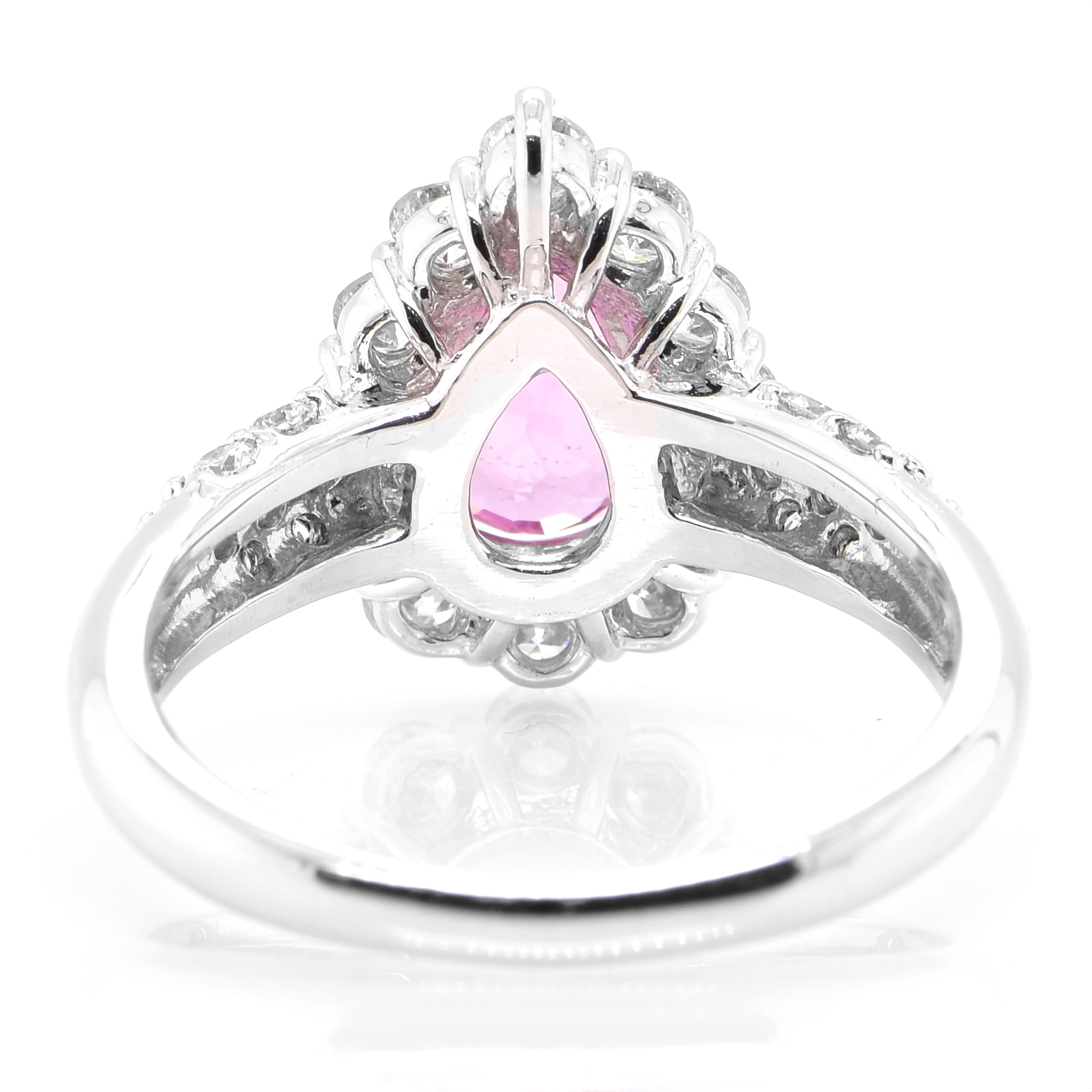 Women's 1.61 Carat, Natural, Pear Padparadscha Sapphire and Diamond Ring set in Platinum For Sale