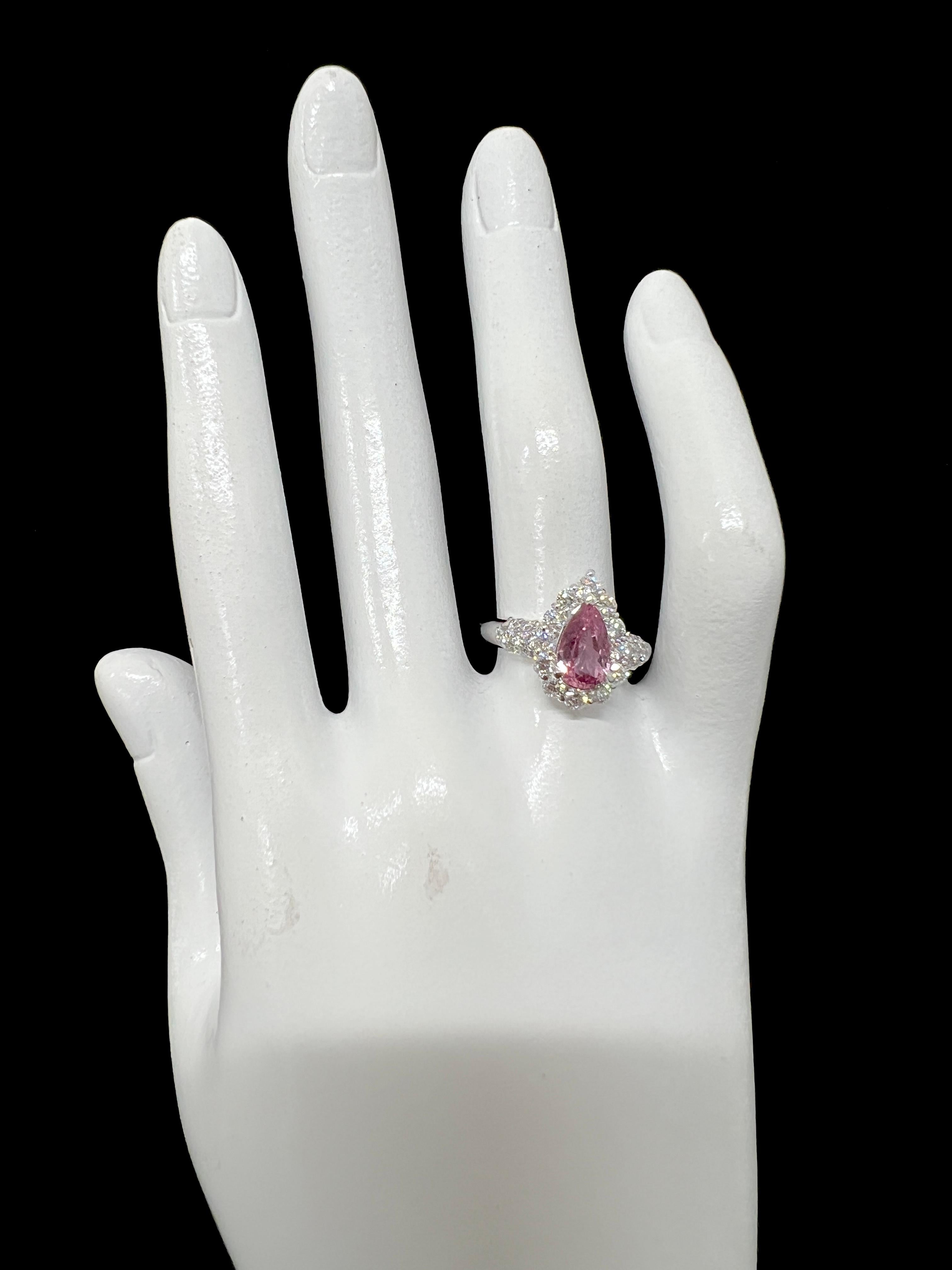 1.61 Carat, Natural, Pear Padparadscha Sapphire and Diamond Ring set in Platinum For Sale 1
