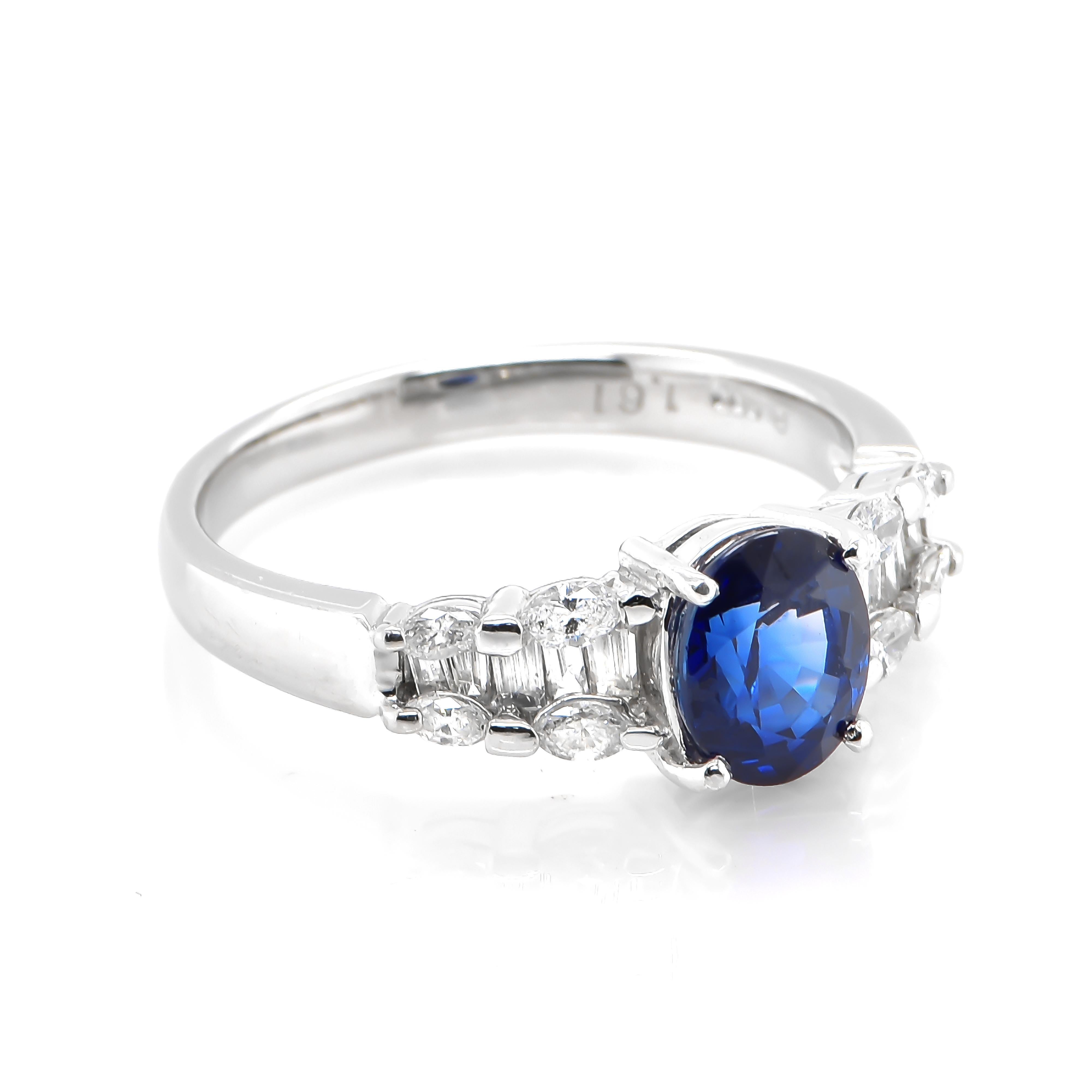 A beautiful ring featuring 1.61 Carat Natural Royal Blue Sapphire and 0.45 Carats Diamond Accents set in Platinum. Sapphires have extraordinary durability - they excel in hardness as well as toughness and durability making them very popular in