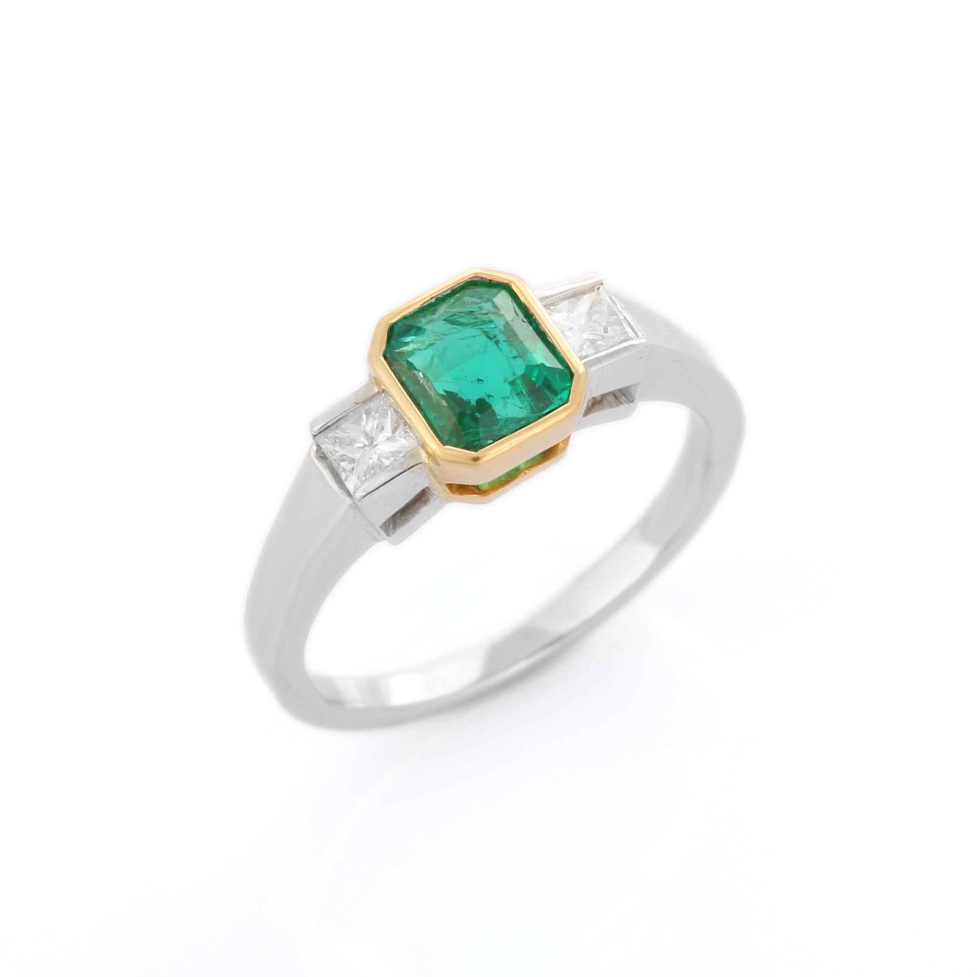 For Sale:  1.61 Carat Octagon Cut Emerald and Diamond Three Stone Ring in 18K White Gold 2