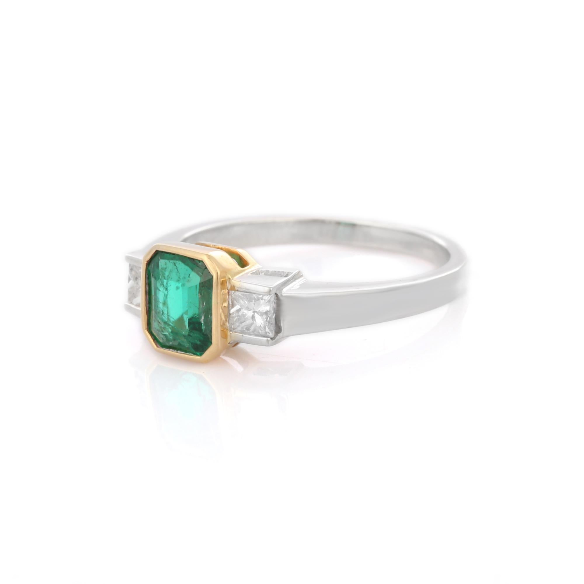 For Sale:  1.61 Carat Octagon Cut Emerald and Diamond Three Stone Ring in 18K White Gold 4