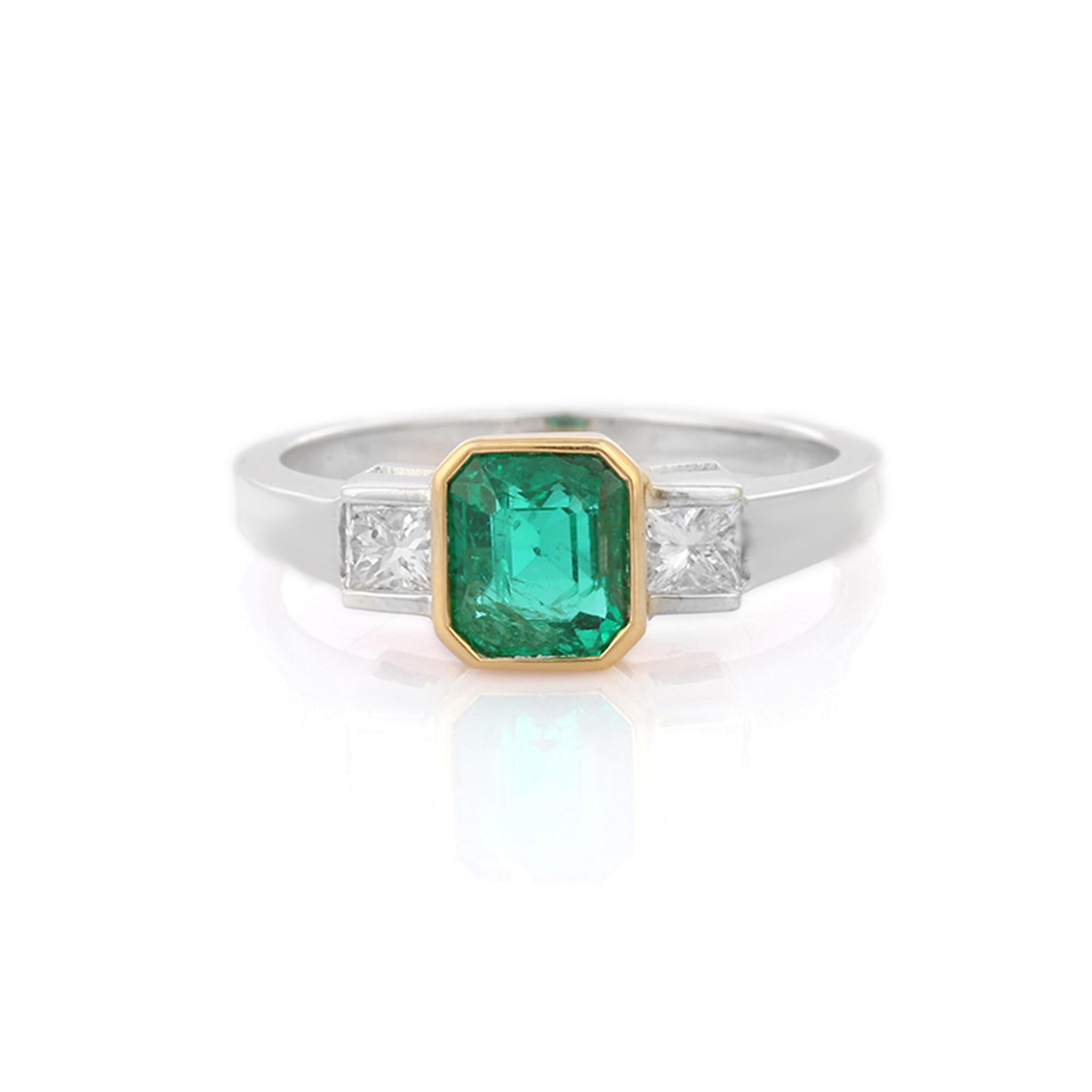 For Sale:  1.61 Carat Octagon Cut Emerald and Diamond Three Stone Ring in 18K White Gold 5