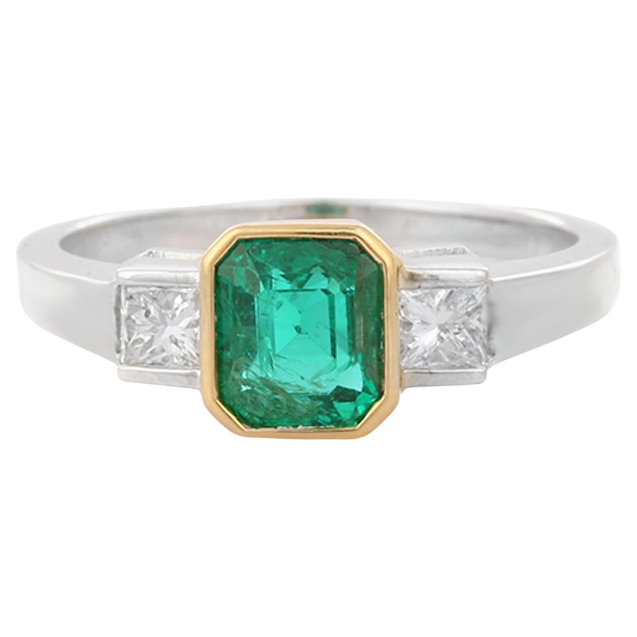 For Sale:  1.61 Carat Octagon Cut Emerald and Diamond Three Stone Ring in 18K White Gold