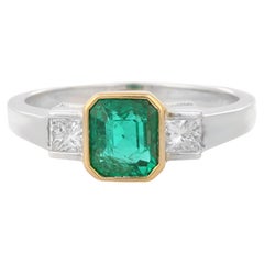 1.61 Carat Octagon Cut Emerald and Diamond Engagement Ring in 18K White Gold