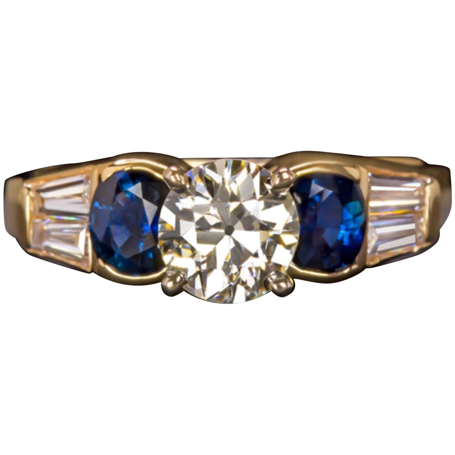 1.61 Carat Old European Vintage Diamond Sapphire Gold Ring