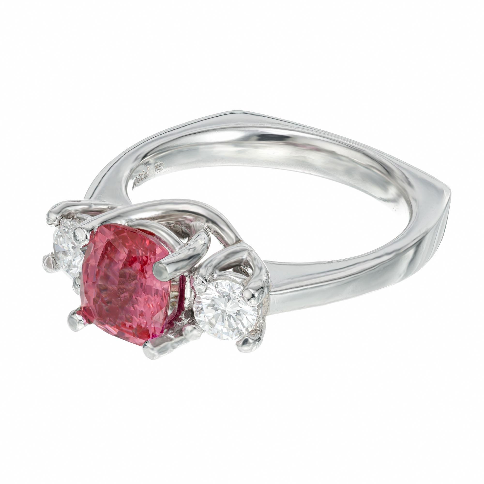 Cushion Cut 1.61 Carat Padparadscha Sapphire Diamond Platinum Three-Stone Engagement Ring For Sale