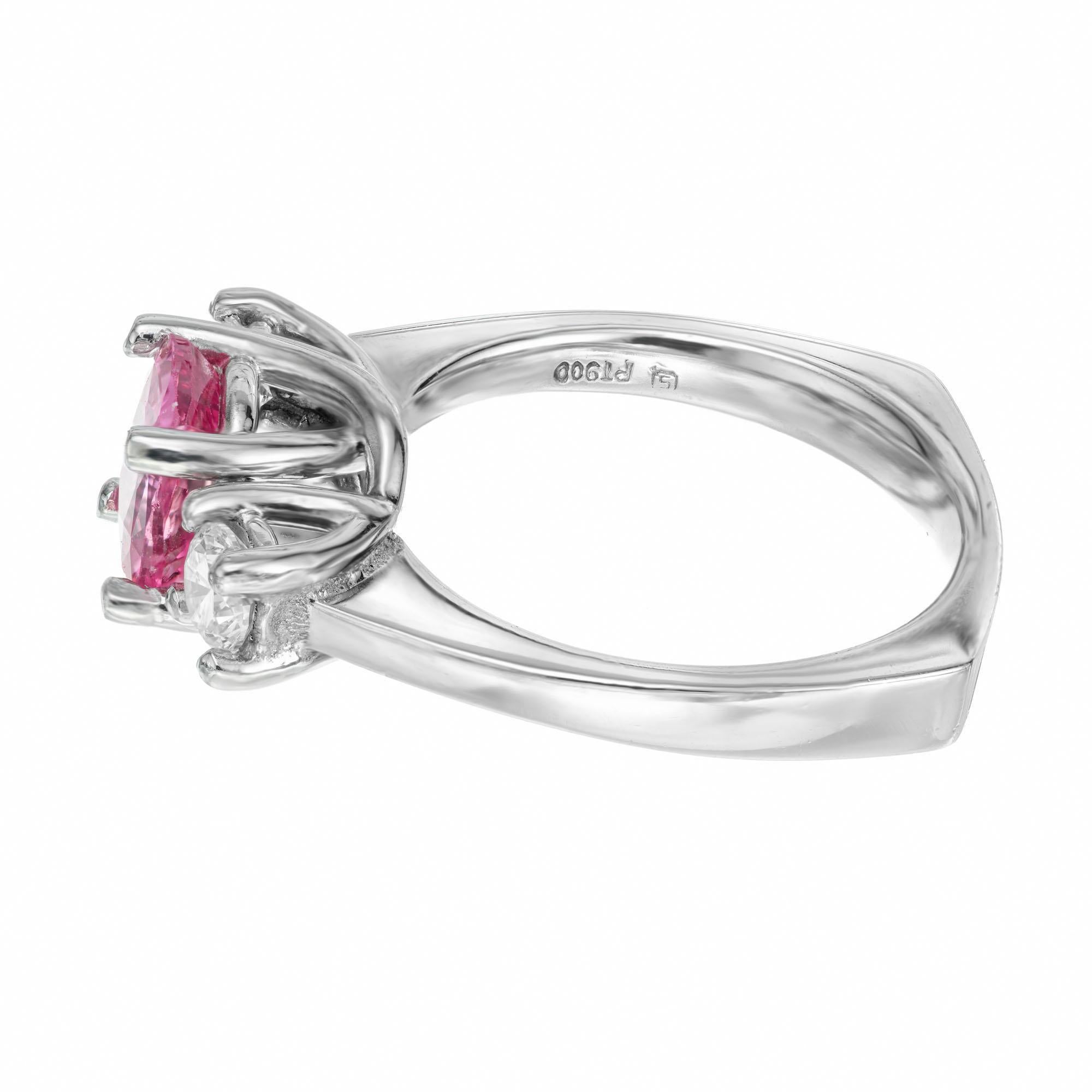 Women's 1.61 Carat Padparadscha Sapphire Diamond Platinum Three-Stone Engagement Ring For Sale