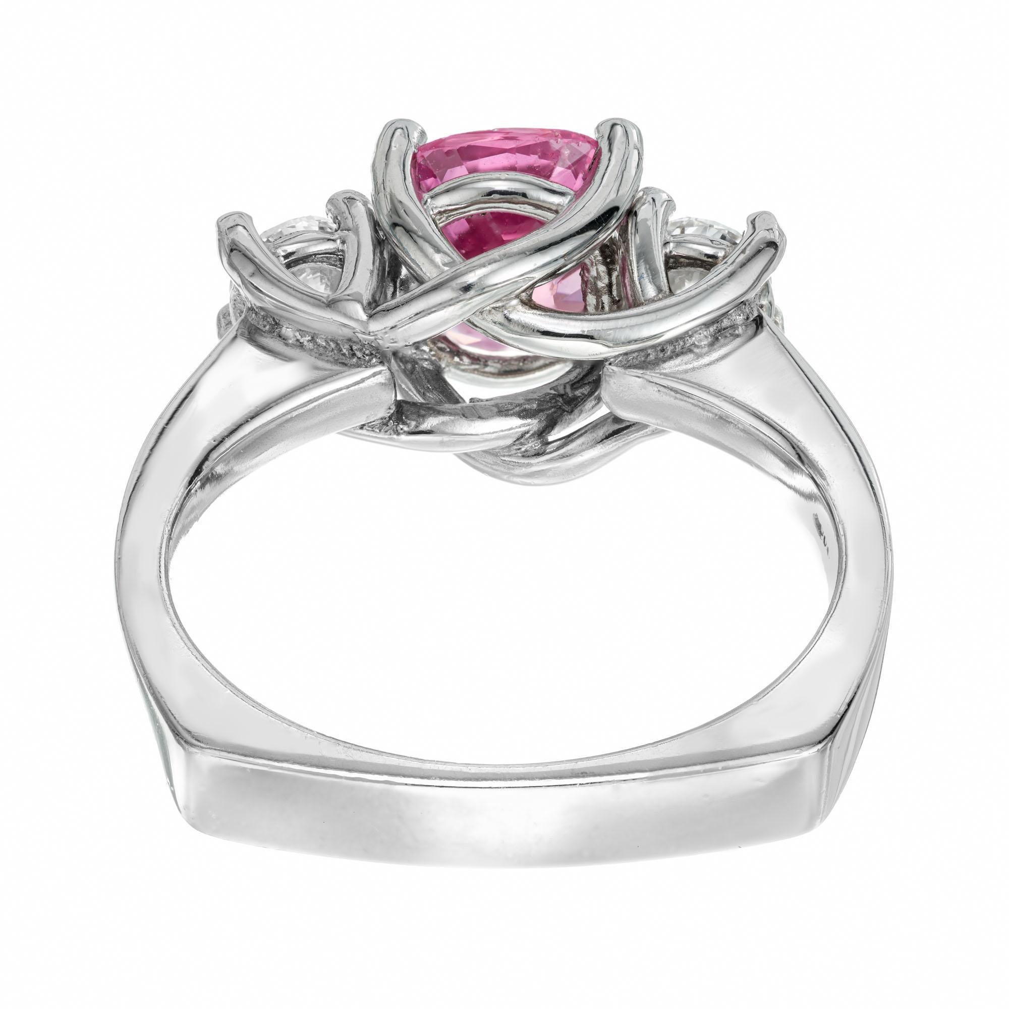 1.61 Carat Padparadscha Sapphire Diamond Platinum Three-Stone Engagement Ring For Sale 1