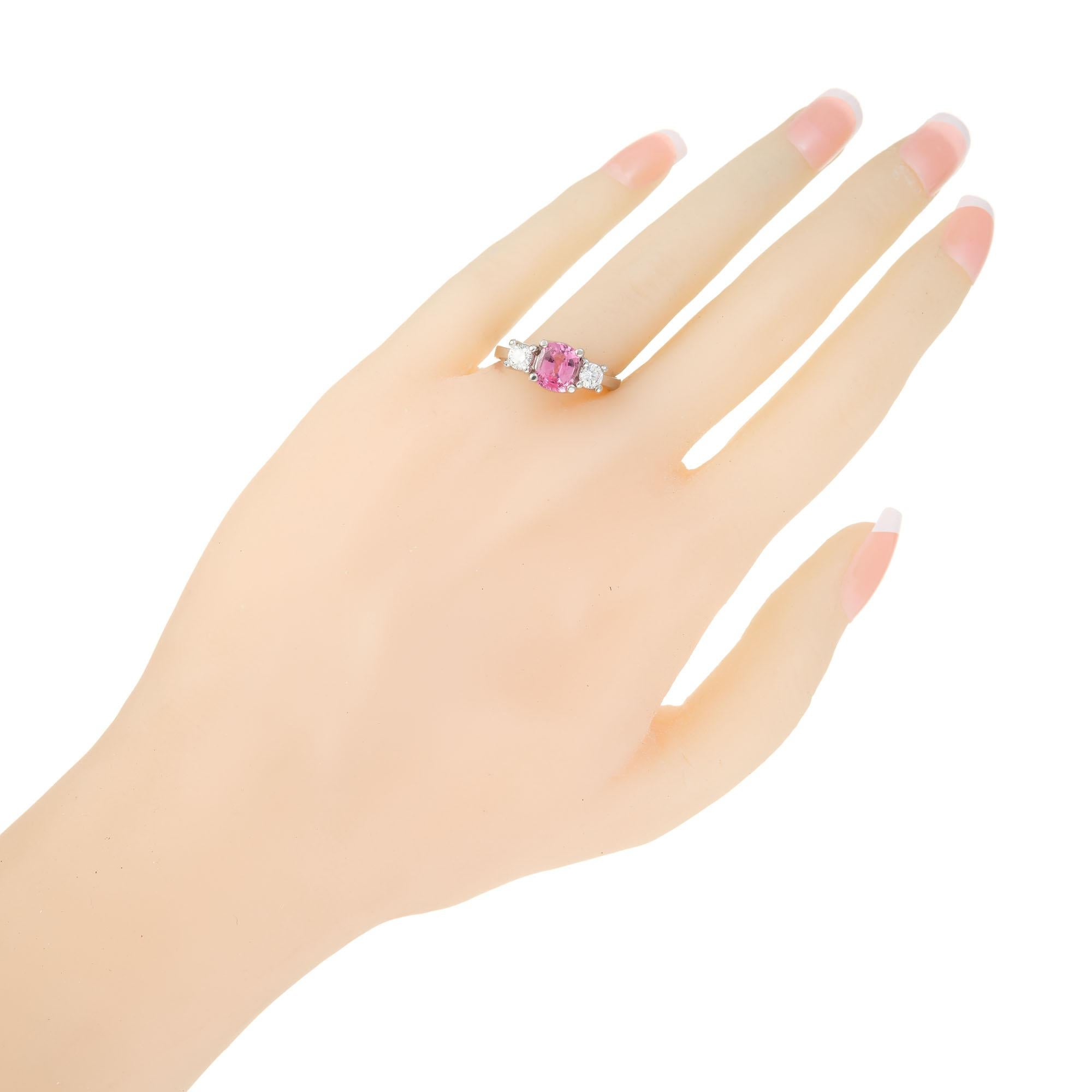 1.61 Carat Padparadscha Sapphire Diamond Platinum Three-Stone Engagement Ring For Sale 3