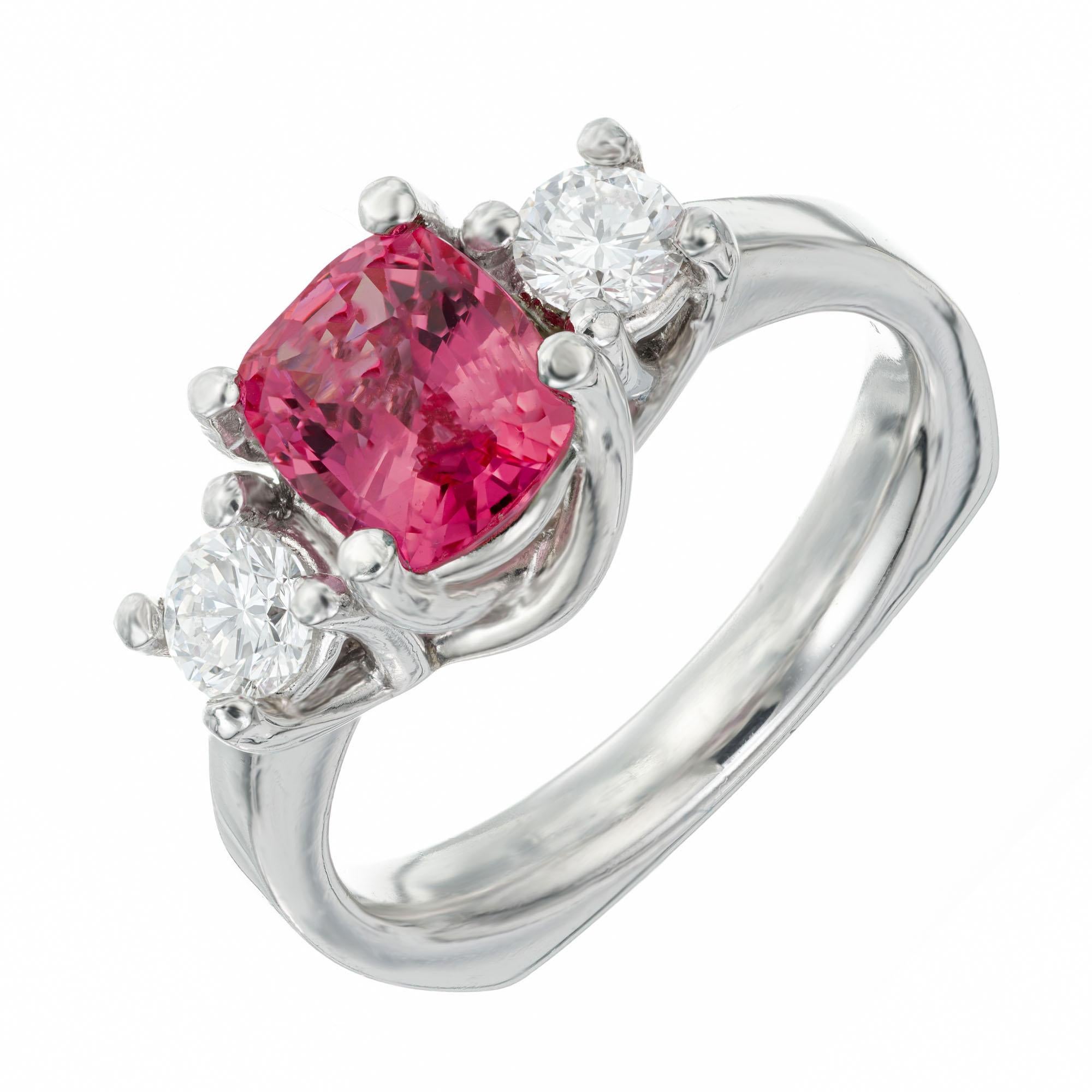 1.61 Carat Padparadscha Sapphire Diamond Platinum Three-Stone Engagement Ring For Sale 4