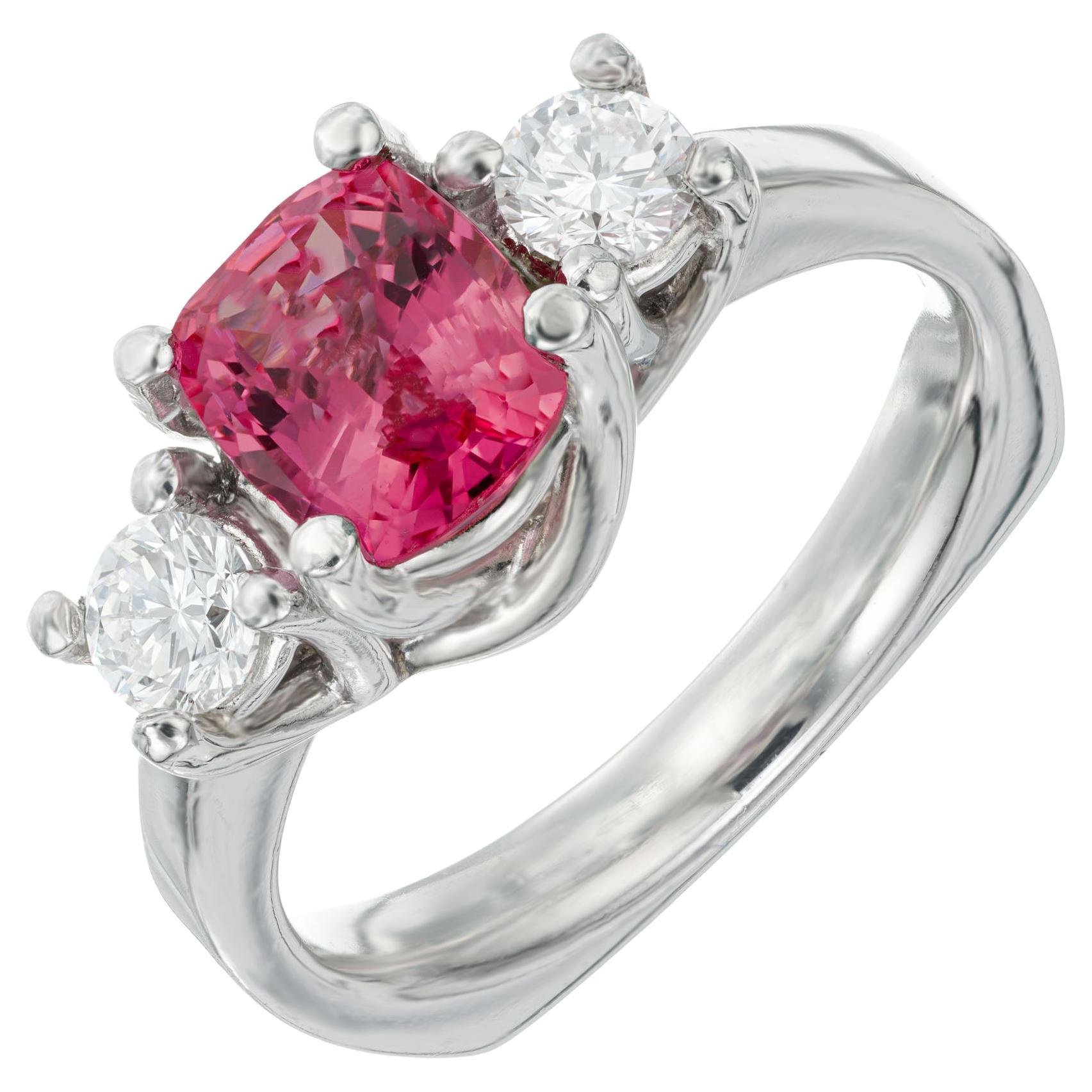 1.61 Carat Padparadscha Sapphire Diamond Platinum Three-Stone Engagement Ring For Sale