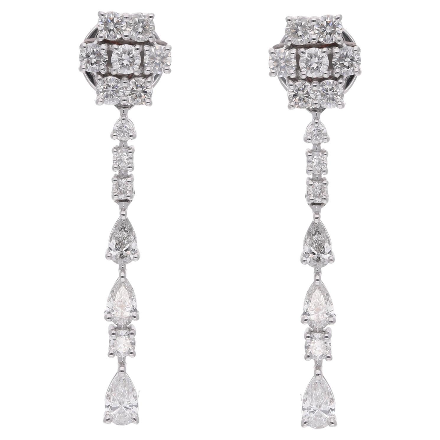 1.61 Carat Pear & Round Diamond Dangle Earrings 18 Karat White Gold Fine Jewelry For Sale