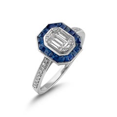 1.61 Carat Sapphire Ring Set with Round and Baguette Diamonds 18 Karat Gold Ring