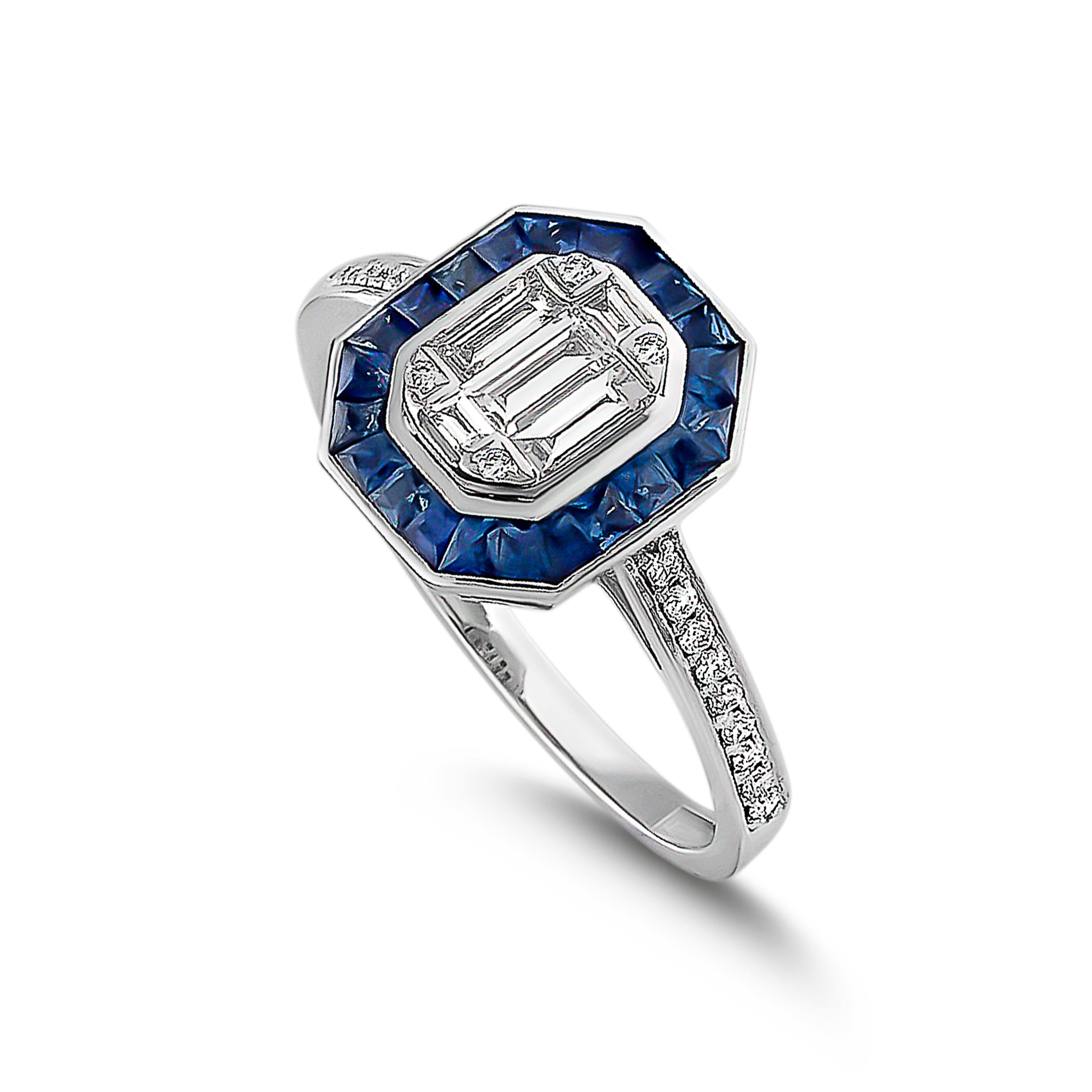 Contemporary 1.61 Carat Sapphire Ring Set with Round and Baguette Diamonds 18 Karat Gold Ring For Sale