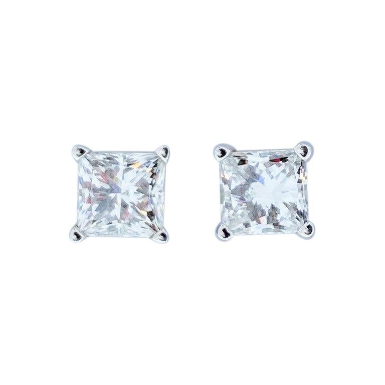 1.61 Carat Total Princess Cut Diamond Stud Earrings in 14 Karat White Gold