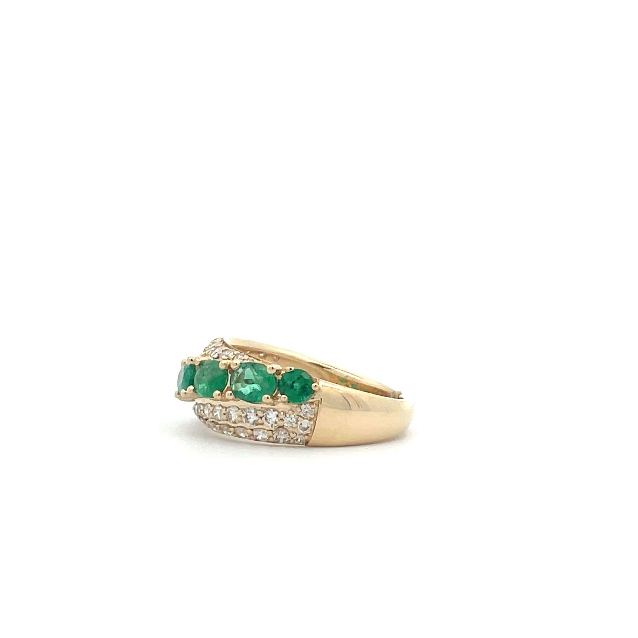 This cocktail ring celebrates the beauty of emeralds and diamonds. Five oval-cut emeralds, with a total carat weight of 1.61 CT, are clustered together with diamonds. Each gem has been handpicked by professional jewelers to ensure that there are no