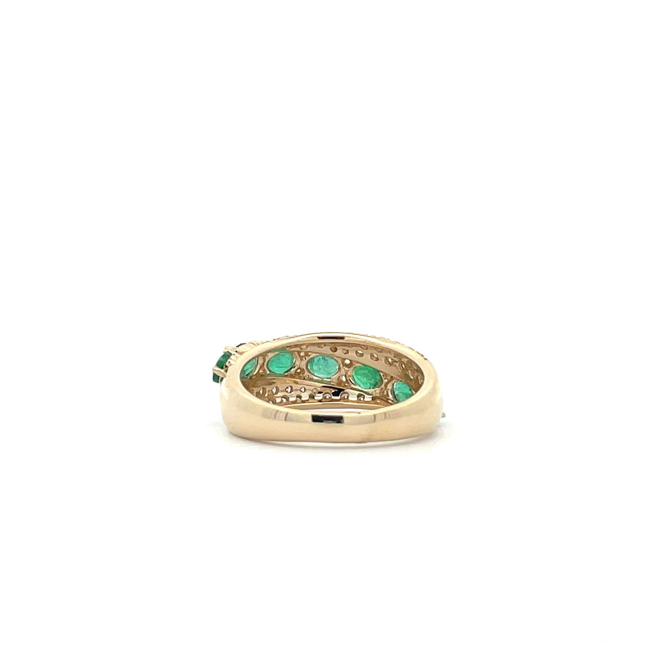 Art Deco 1.61 Ct. 5 Oval, Cut Emeralds and Diamond Cluster Cocktail Ring in 14K Gold