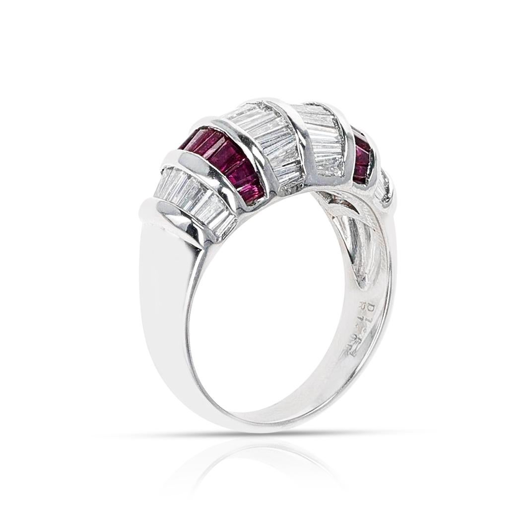 A Diamond Baguettes and Rectangular Ruby Ring made in Platinum. The weight of the diamonds is 1.61 carats and the weight of the rubies is 1.08 carats. The total weight of the ring is 9.13 grams. The ring size is US 6.75. 