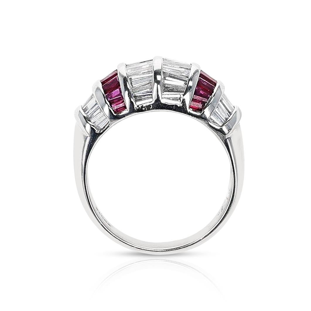 Baguette Cut 1.61 Cts. Diamond Baguettes and 1.08 Cts. Rectangular Ruby Ring, Platinum For Sale